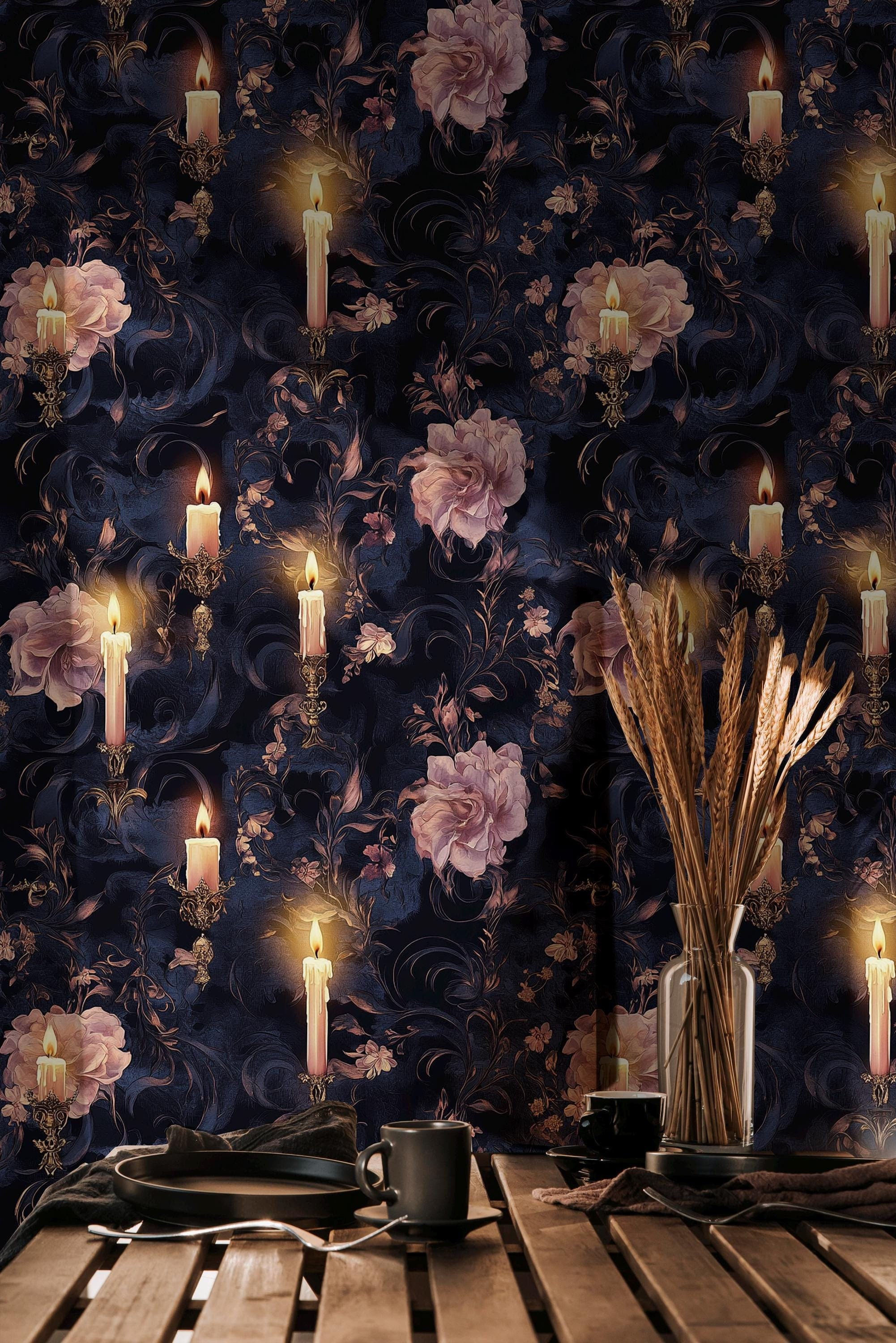 2002x3000 Floral Candle Wallpaper: Romantic Dark Peel and Stick Wallpaper