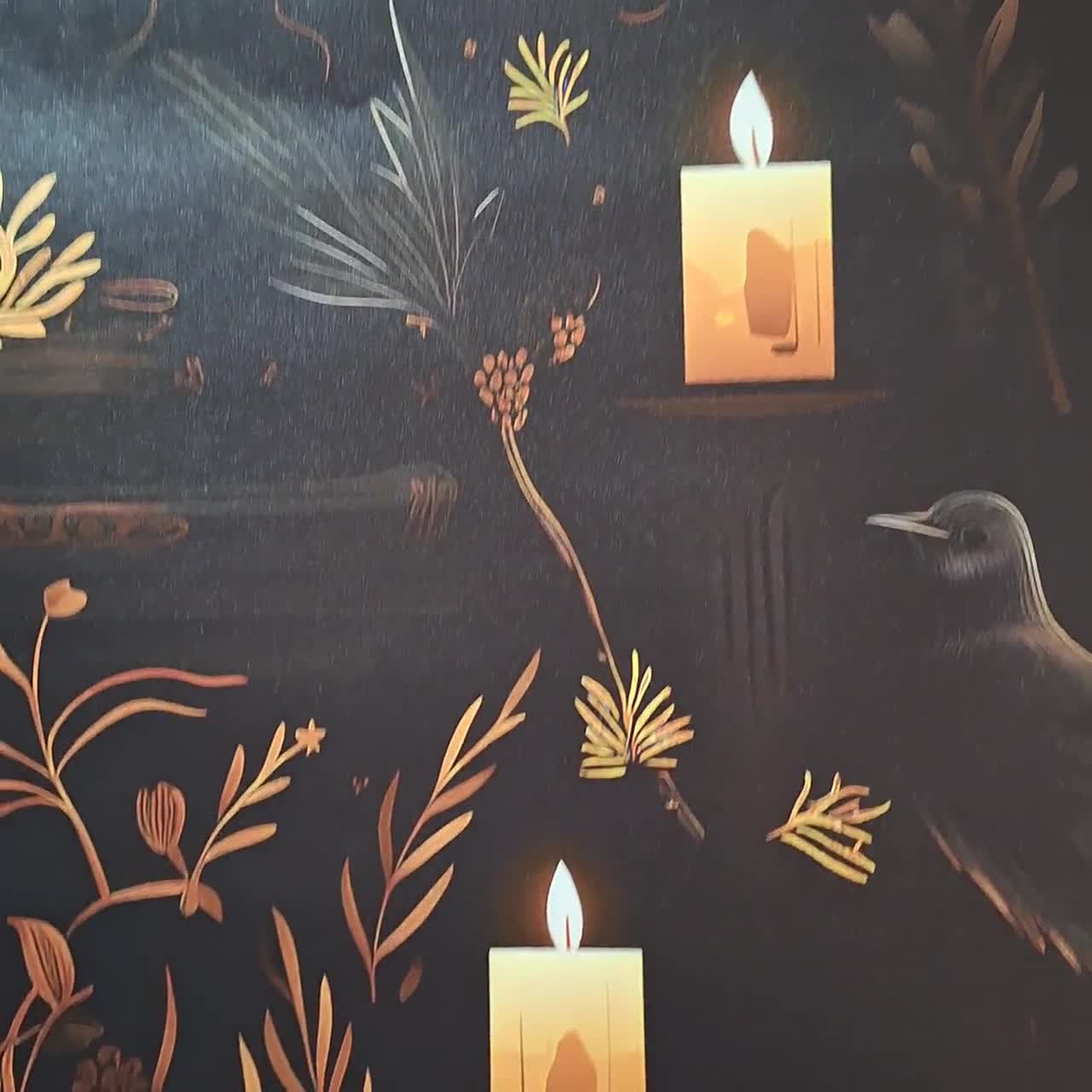 1280x1280 Black Gothic Mural with Crows, Peel and Stick Bookshelf Wallpaper, Mystic Bedroom Wall Decor, Moody Wall Art with Candles, Wizard Wallpaper