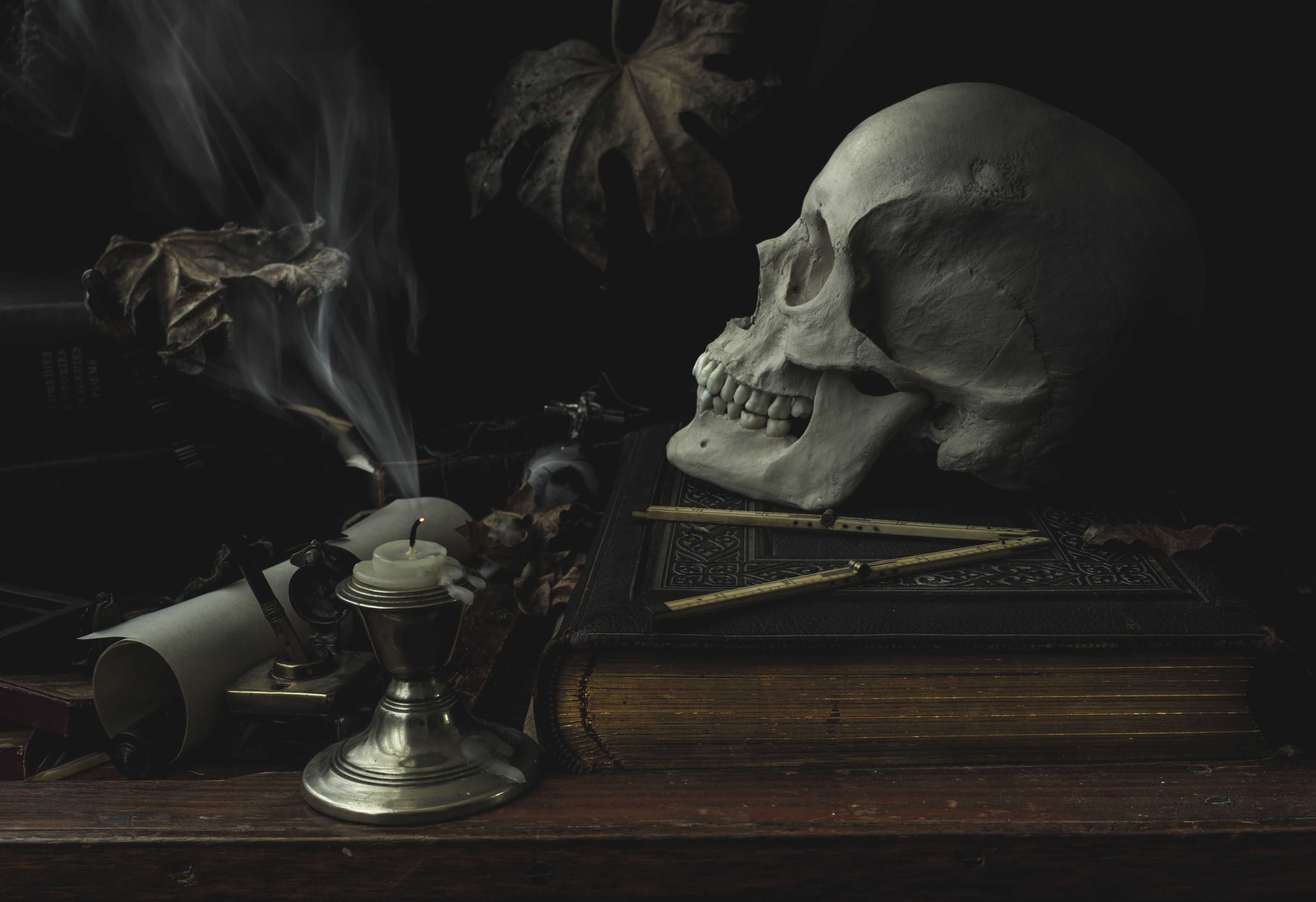 4182x2868 Wallpaper table, skull, candles, book for mobile and desktop, section стиль, resolution 4182x2868
