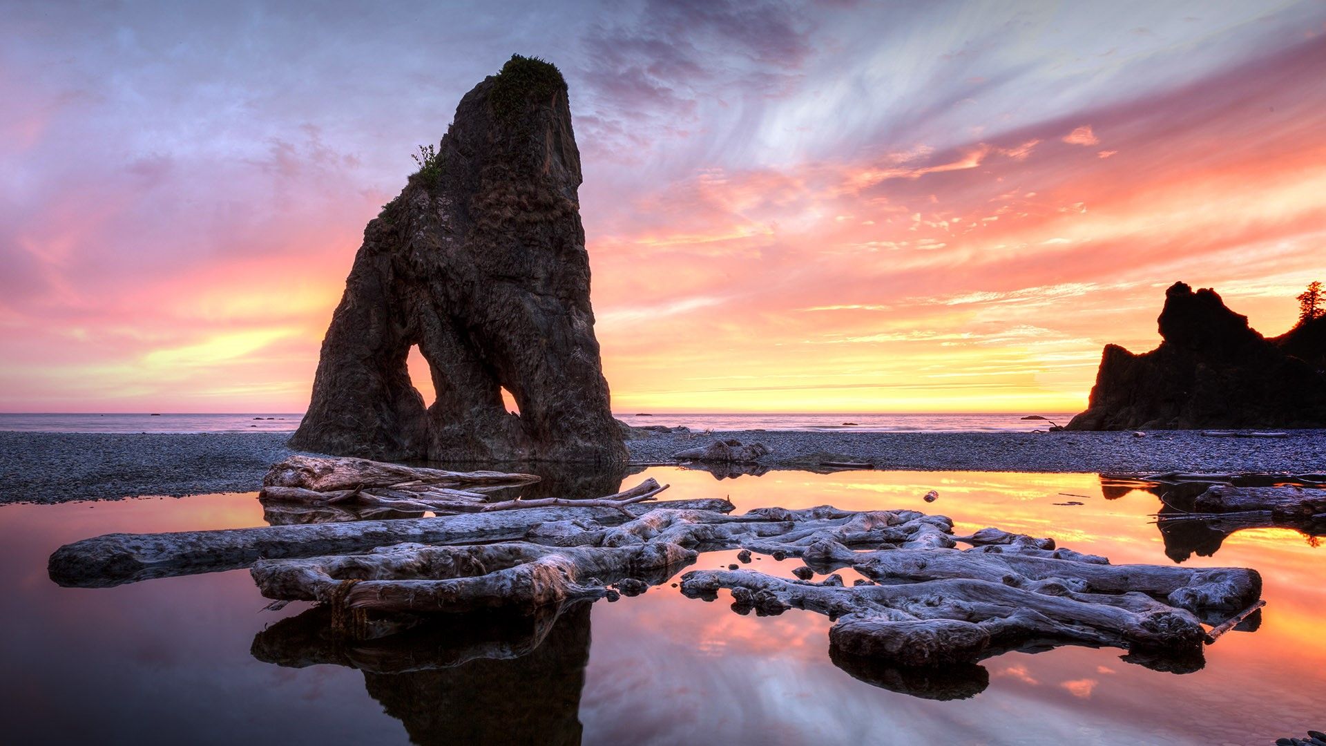 1920x1080 Ruby Beach driftwood and seastacks at sunset, Olympic Peninsula National Park, Washington, USA. Windows Spotlight Image