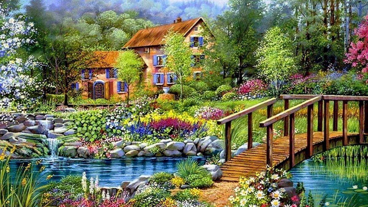 1200x675 Flowers, Beautiful, Cottage, Flowers, Paintings, Lake, Sky, Bridge, Nature, Flower, River, Spring, Drawing, House, Pond, Art, Cotaage