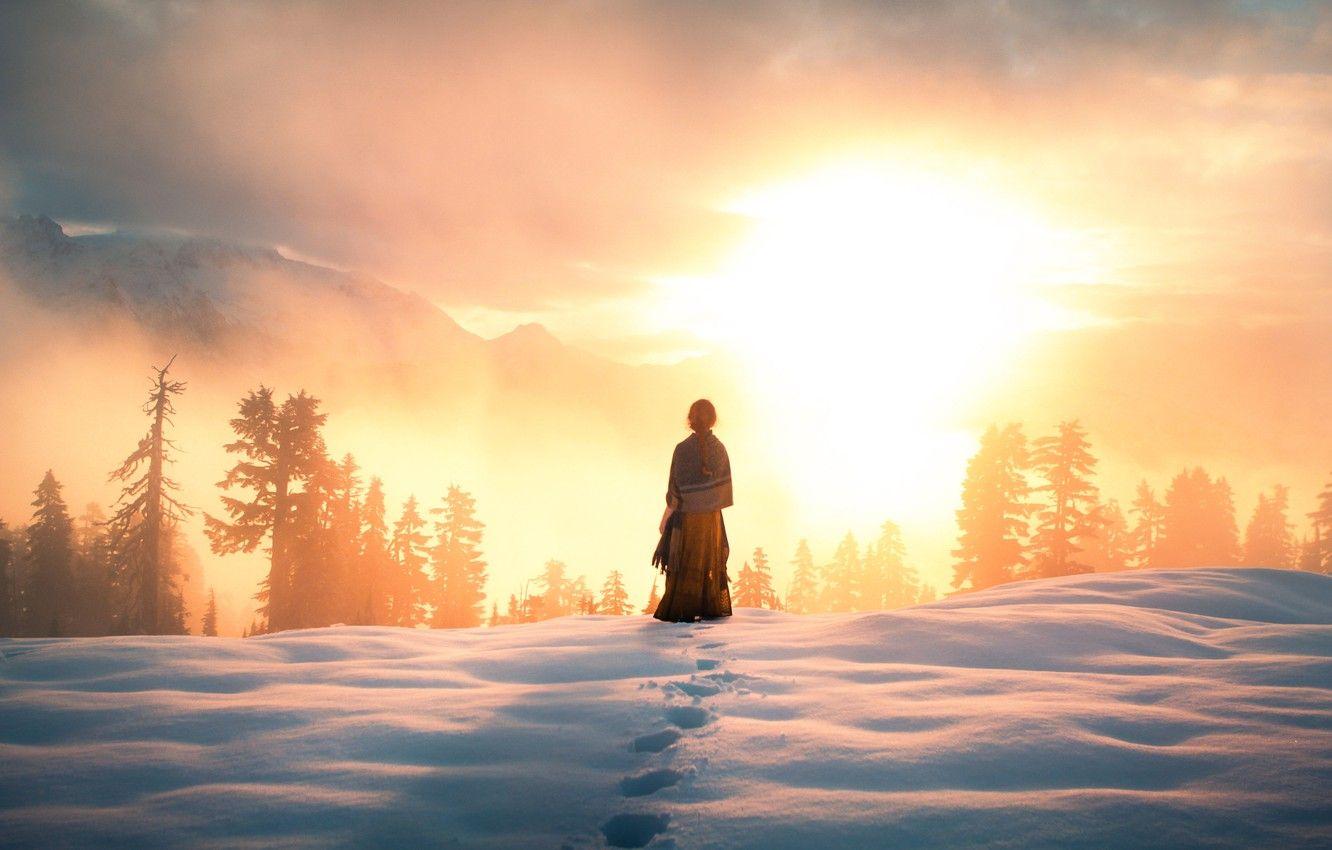 1332x850 Wallpaper girl, the sun, snow, mountains, view, Arise, Lizzy Gadd image for desktop, section природа