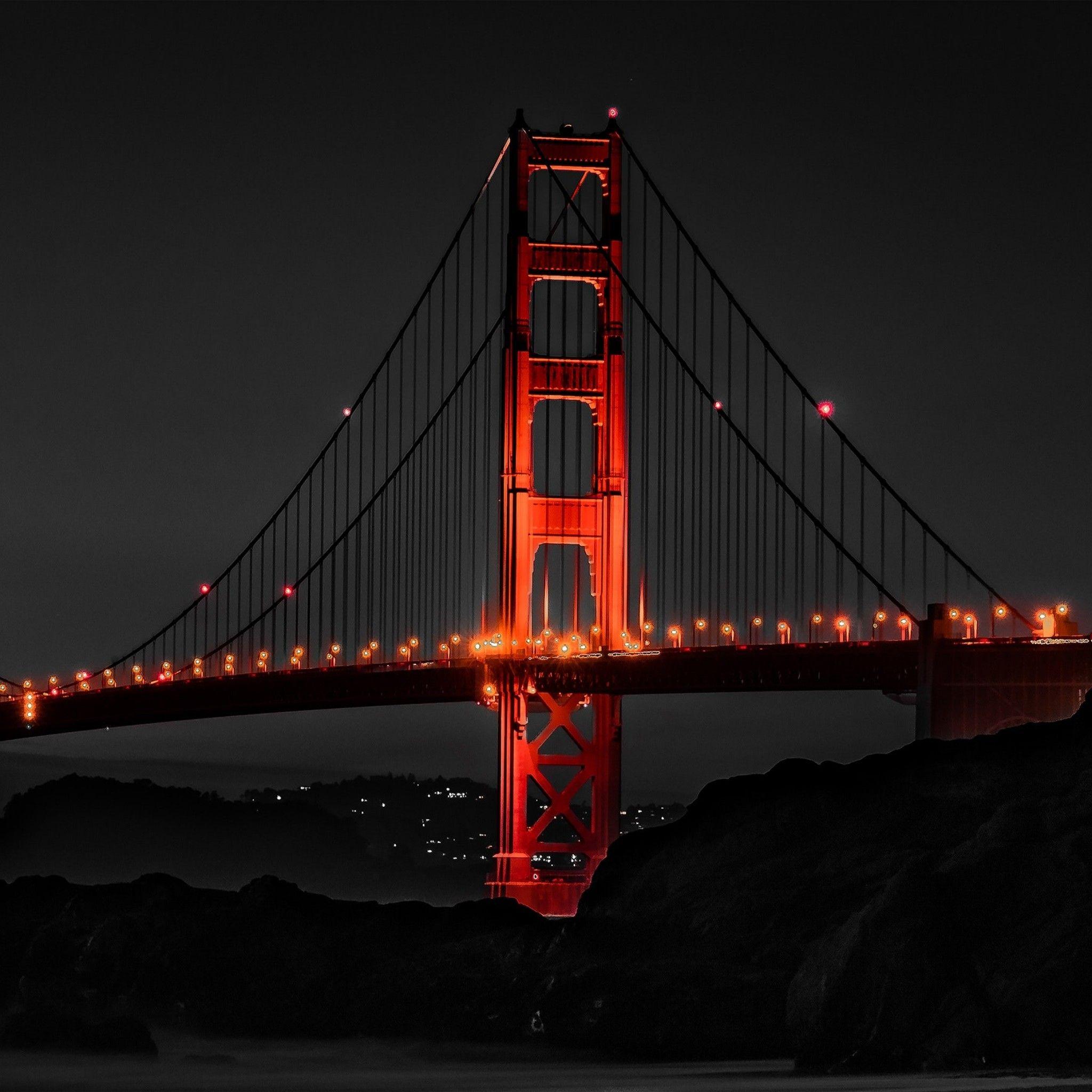 2048x2048 Golden Gate Bridge 4K Wallpaper, Night, Monochrome, Dark background, Illuminated, San Francisco, World