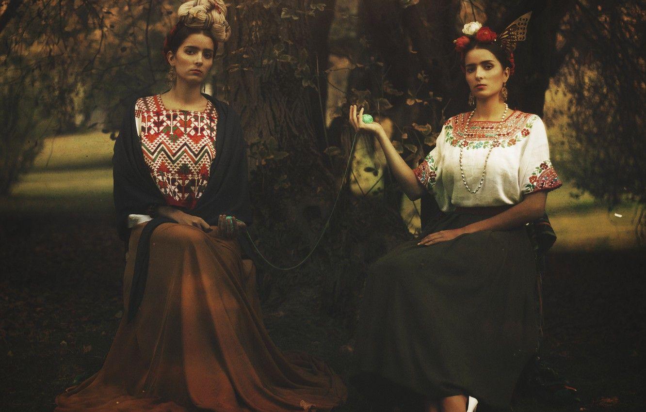 1332x850 Wallpaper trees, Park, long skirts, direct look, Frida Kahlo image for desktop, section стиль