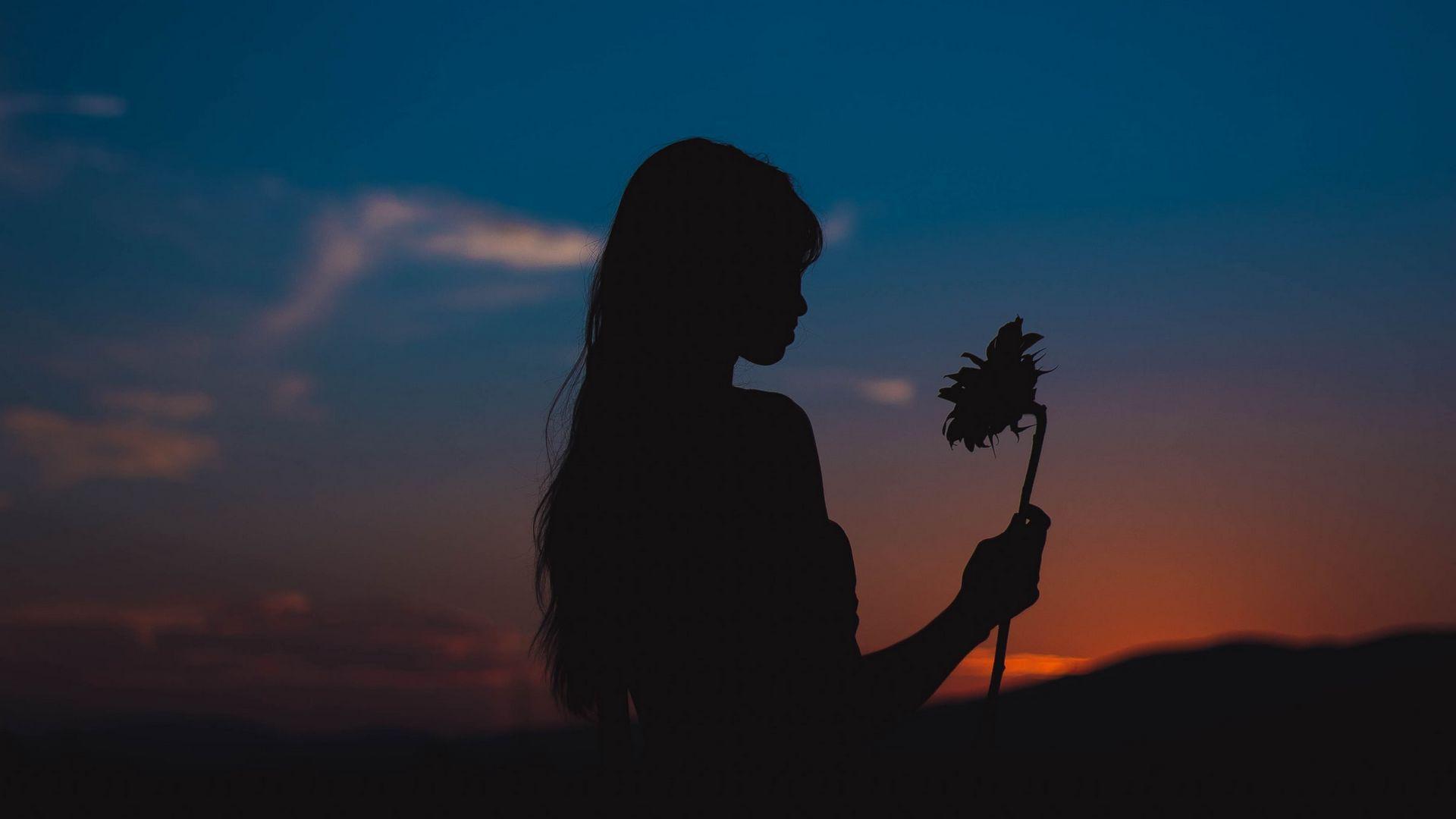 1920x1080 Download wallpaper 1920x1080 girl, silhouette, sunflower, flower, sunset full hd, hdtv, fhd, 1080p HD background