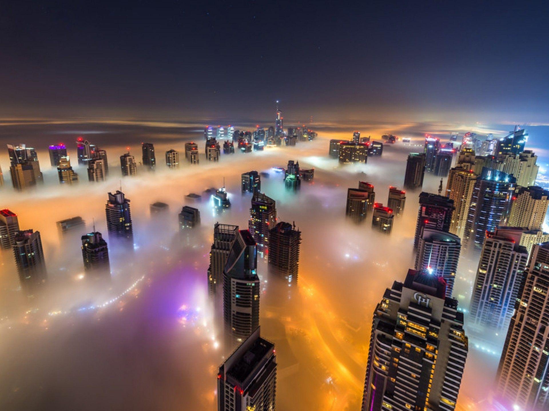 1920x1440 Dubai Night Time City In The Fog HD Wallpaper :