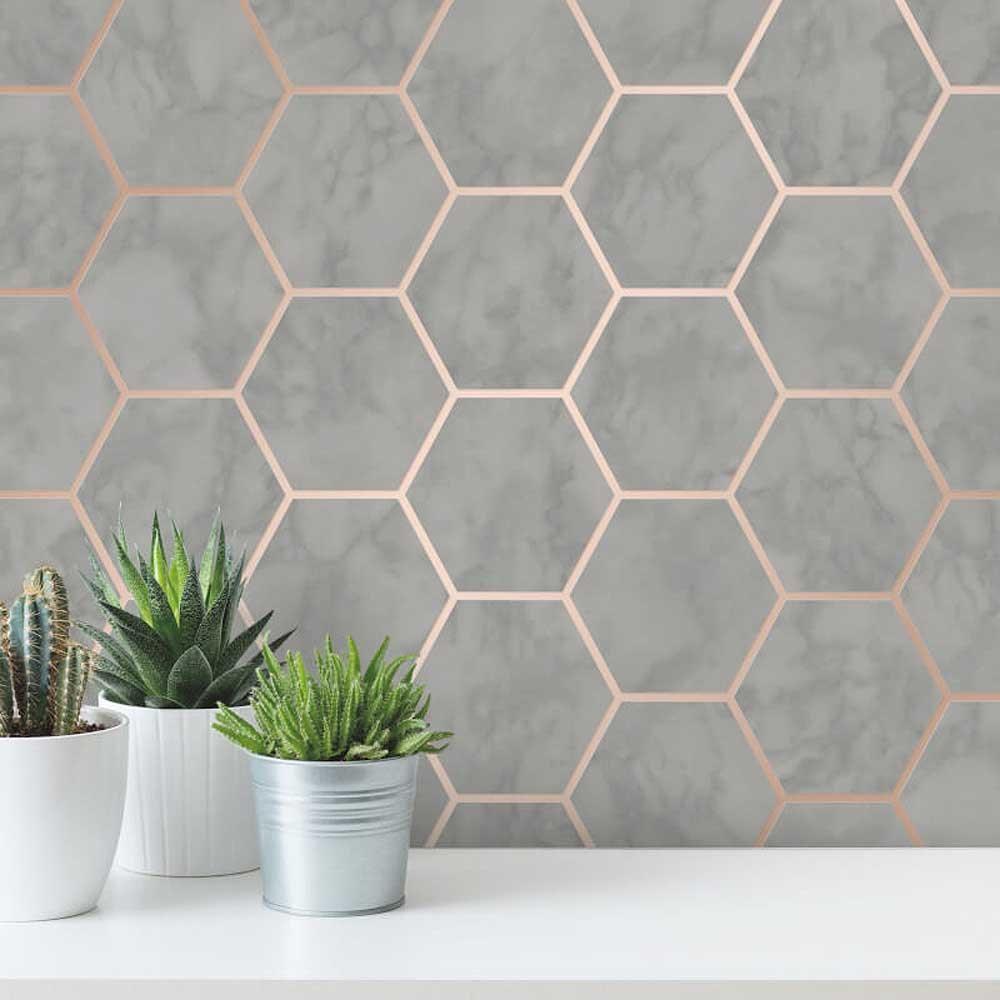 1000x1000 Hexagon Geometric Marble Wallpaper Kitchen Silver Rose Gold Metallic Vinyl Crown