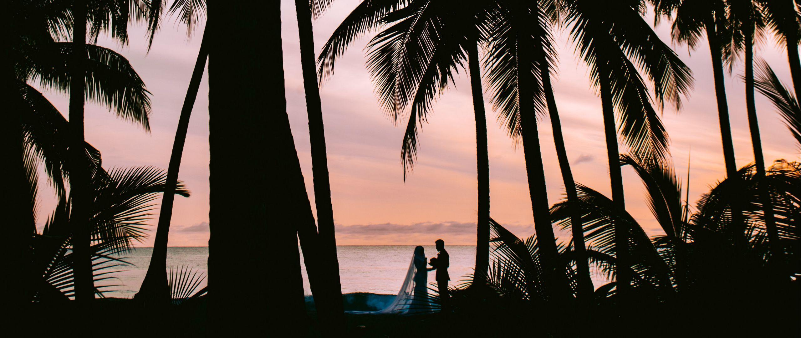 2560x1080 Download wallpaper 2560x1080 silhouettes, couple, palm, love, wedding dual wide 1080p HD background