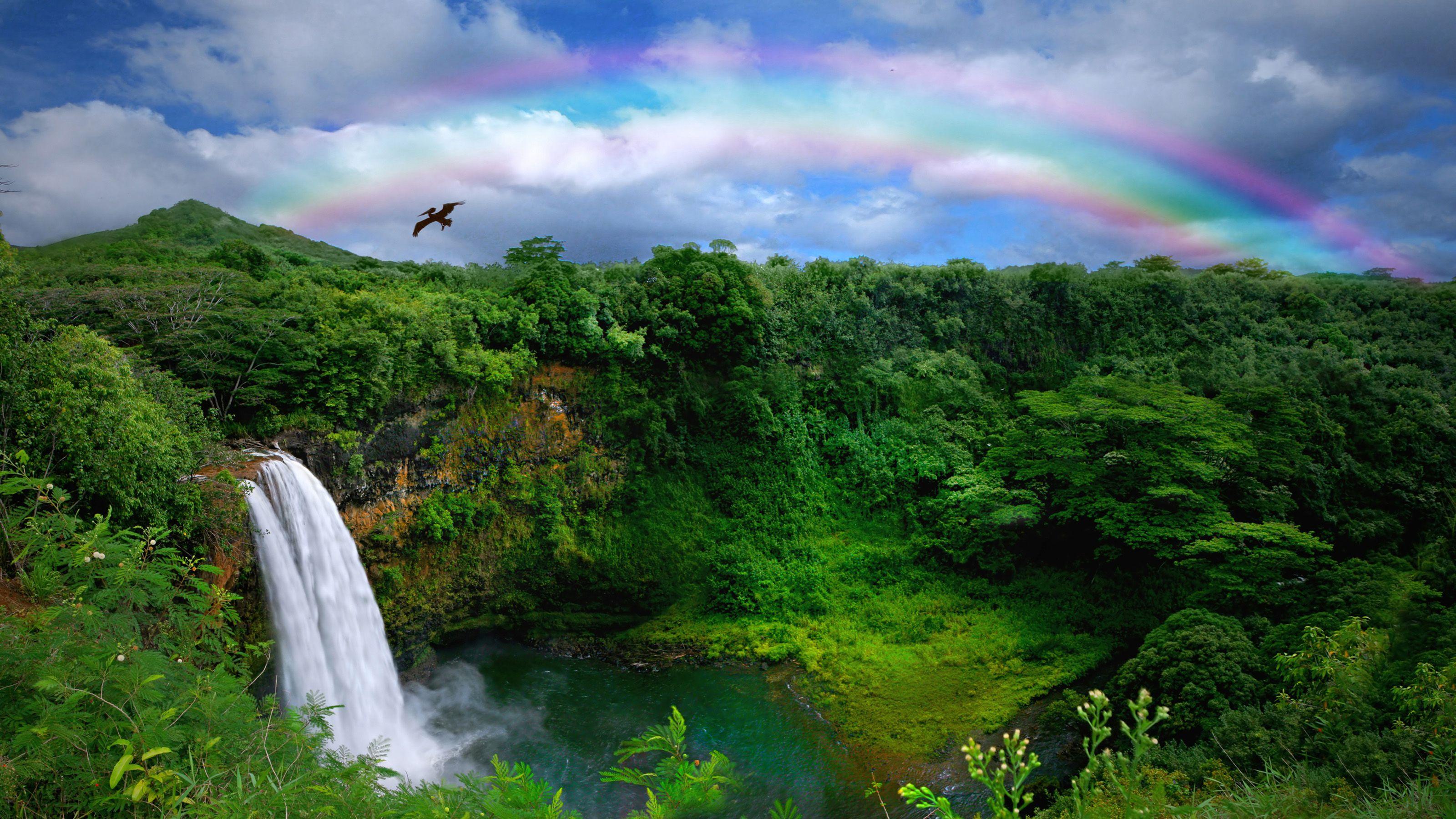 3200x1800 Earth Waterfall Hawaii Rainbow Greenery Wallpaper:3200x1800