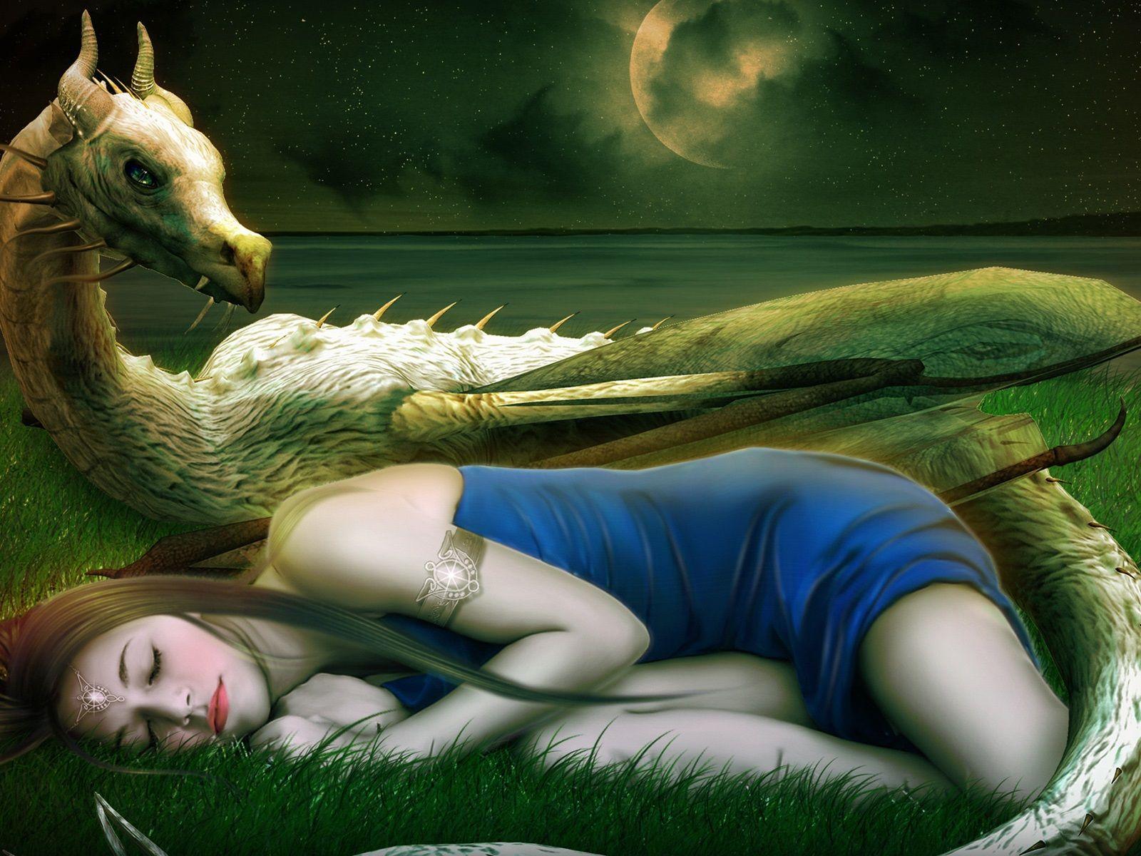 1600x1200 Wallpaper Fantasy art, girl, asleep, dragon 1920x1200 HD Picture, Image
