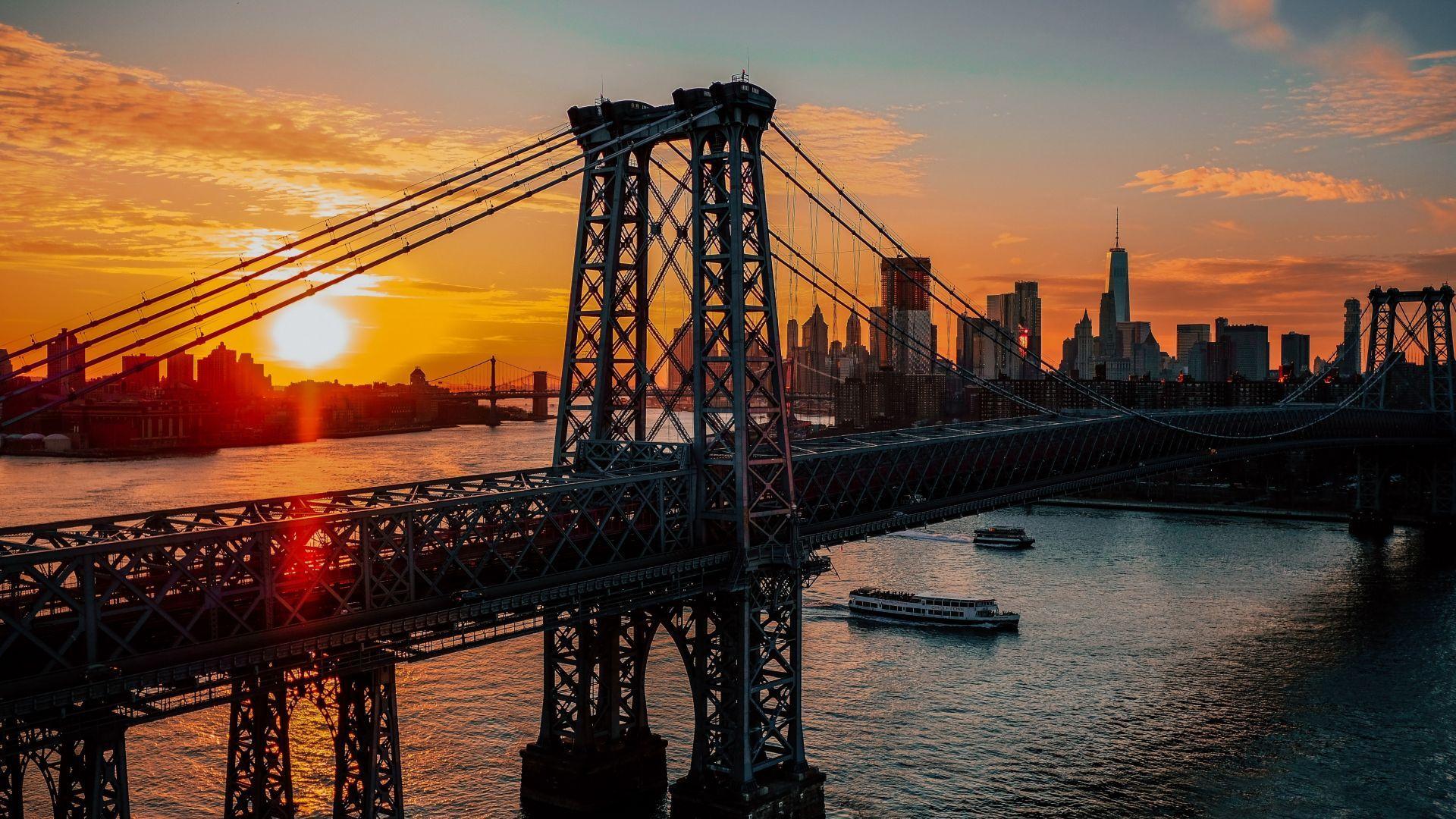 1920x1080 Desktop wallpaper new york, city, bridge, sunrise, architecture, dawn, HD image, picture, background, c80584