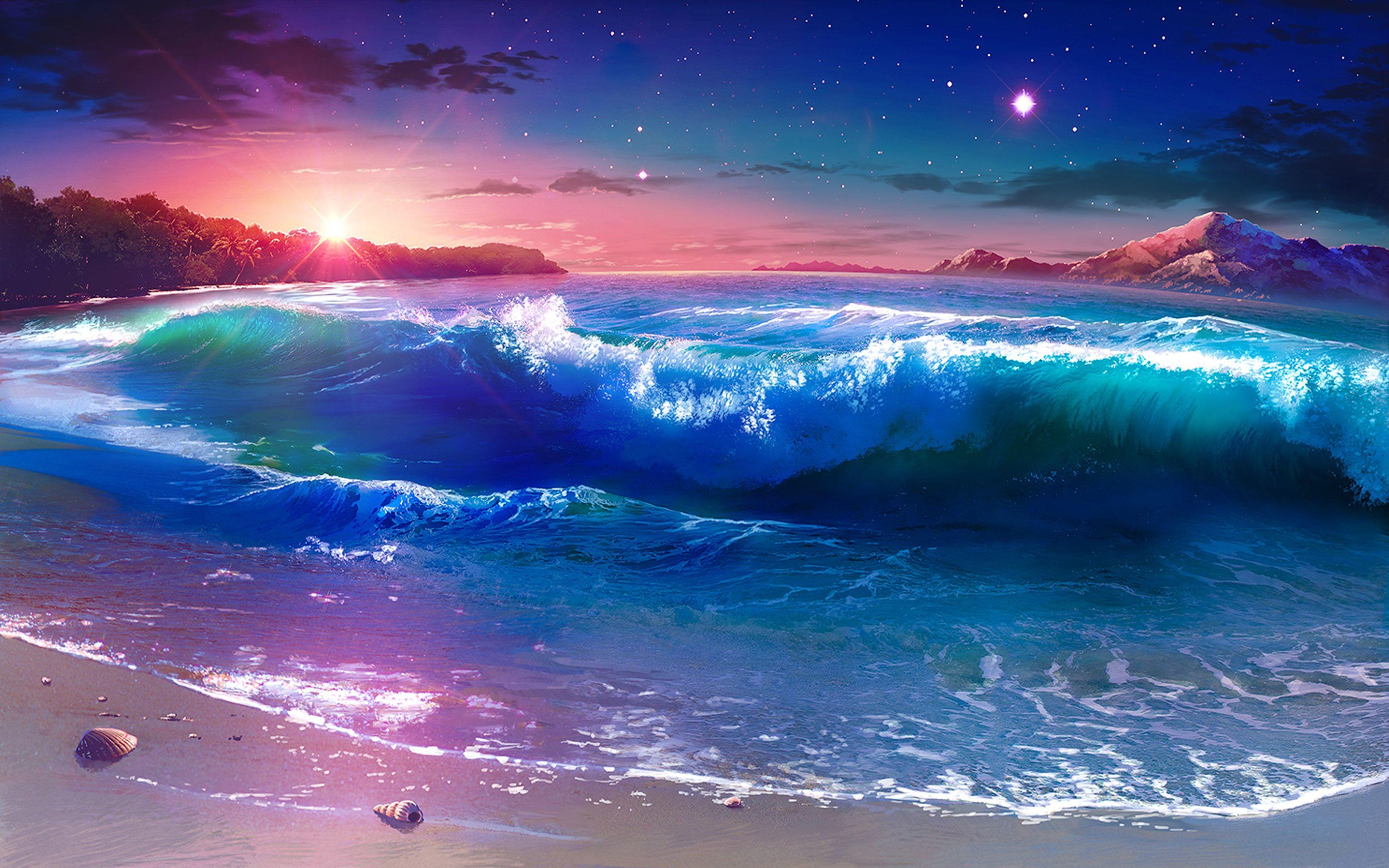 3840x2400 Sunset Darkening Sandy Beach Sea Waves Mountains Tropical Forest Palm Trees Sky Clouds Evening Landscape Fantasy Art Desktop HD Wallpaper 3840x2400 :