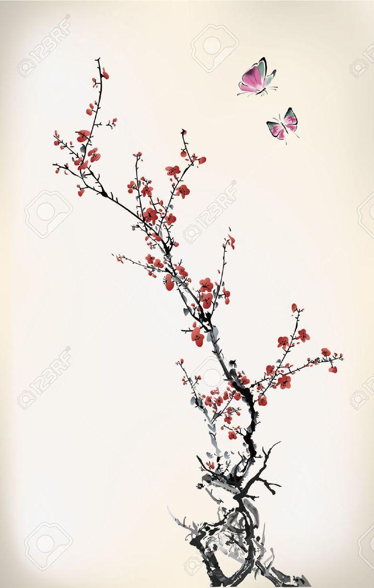 736x1158 Japanese Cherry Blossom Ink Drawing
