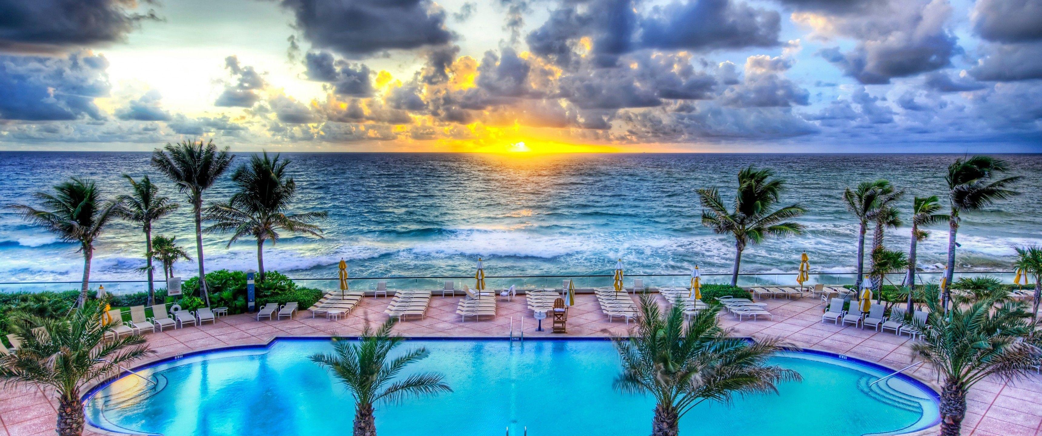 3440x1440 Download 3440x1440 Ocean, Florida, Sunset, Pool, Holiday, Horizon Wallpaper