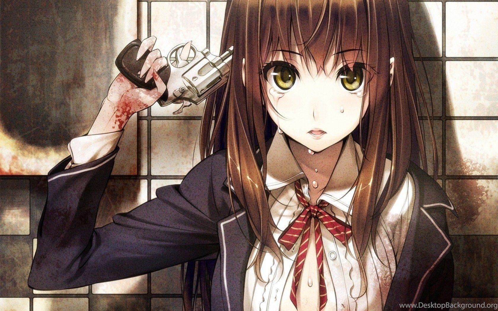 1680x1050 Girl Weapon Revolver Tie Blood Anime Wallpaper Desktop Background