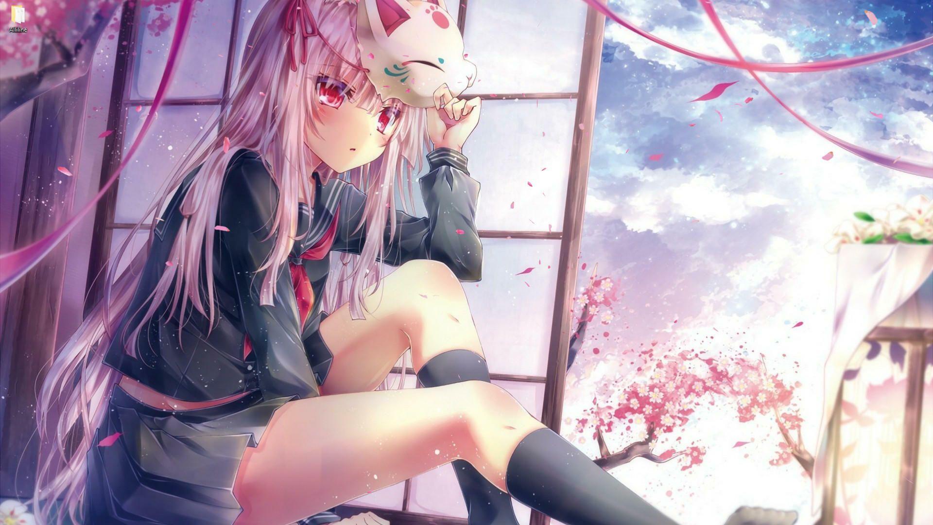 1920x1080 Red Eyed Anime Girl With Cat Mask, Sakura Live Wallpaper [DOWNLOAD FREE]
