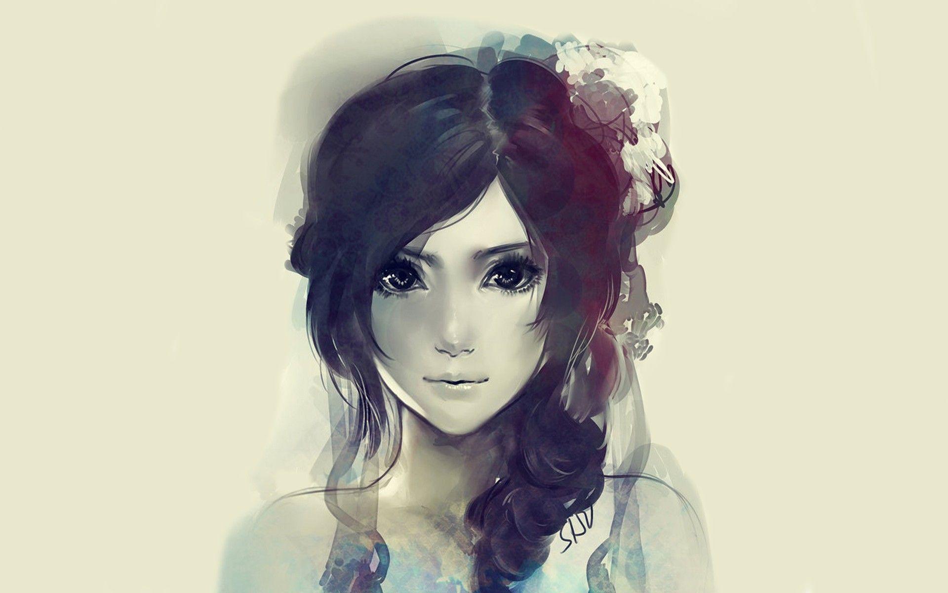 1920x1200 brunettes, women, artwork, faces, simple, beige background wallpaper