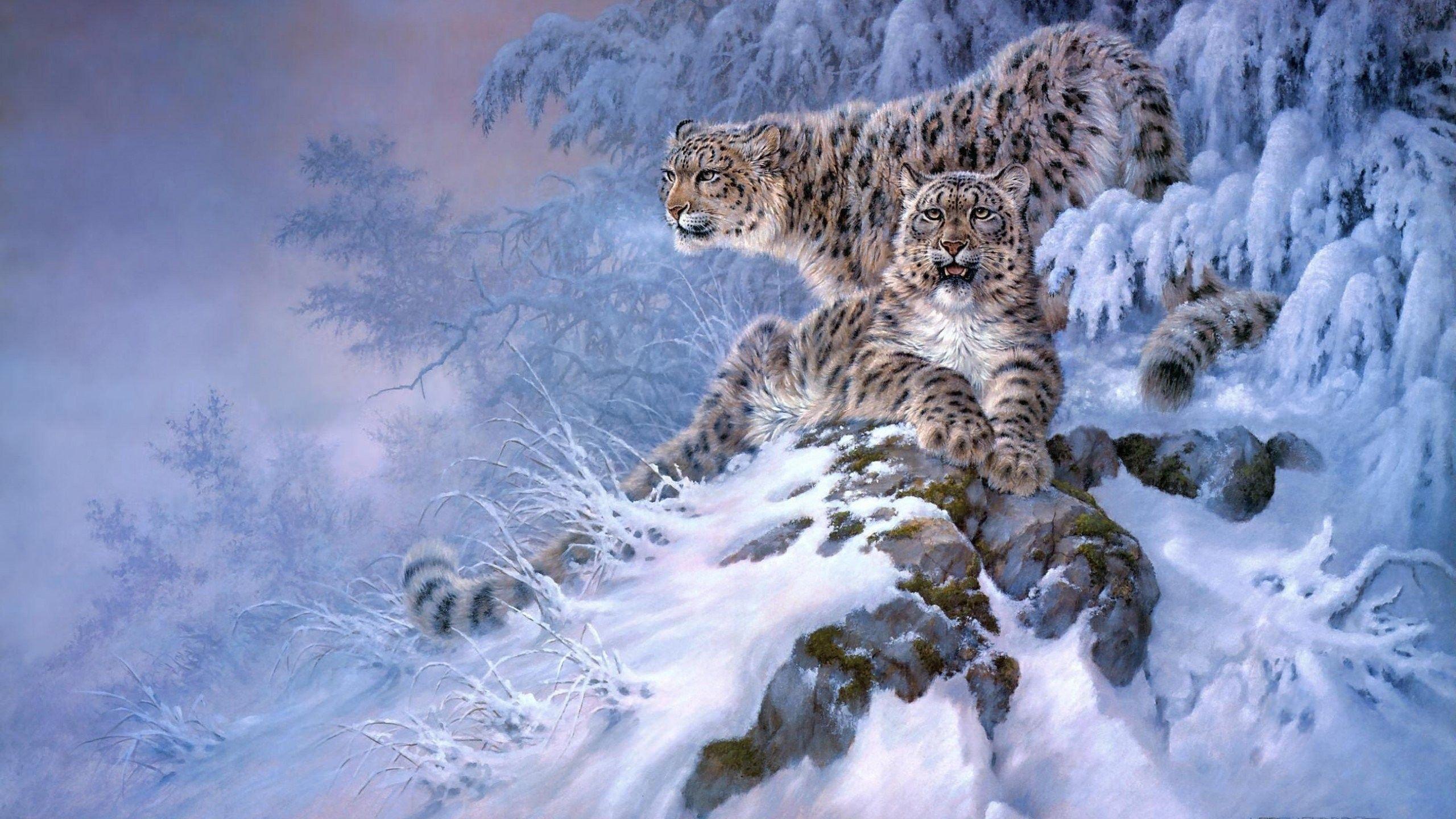 2560x1440 Cats: Cat Nature Snow Artwork Art Landscape Leopard Winter Photo