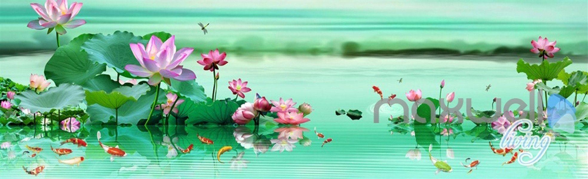 1969x600 3D Lotus Pond Fish Lake View Entire Living Room Wallpaper Wall Mural