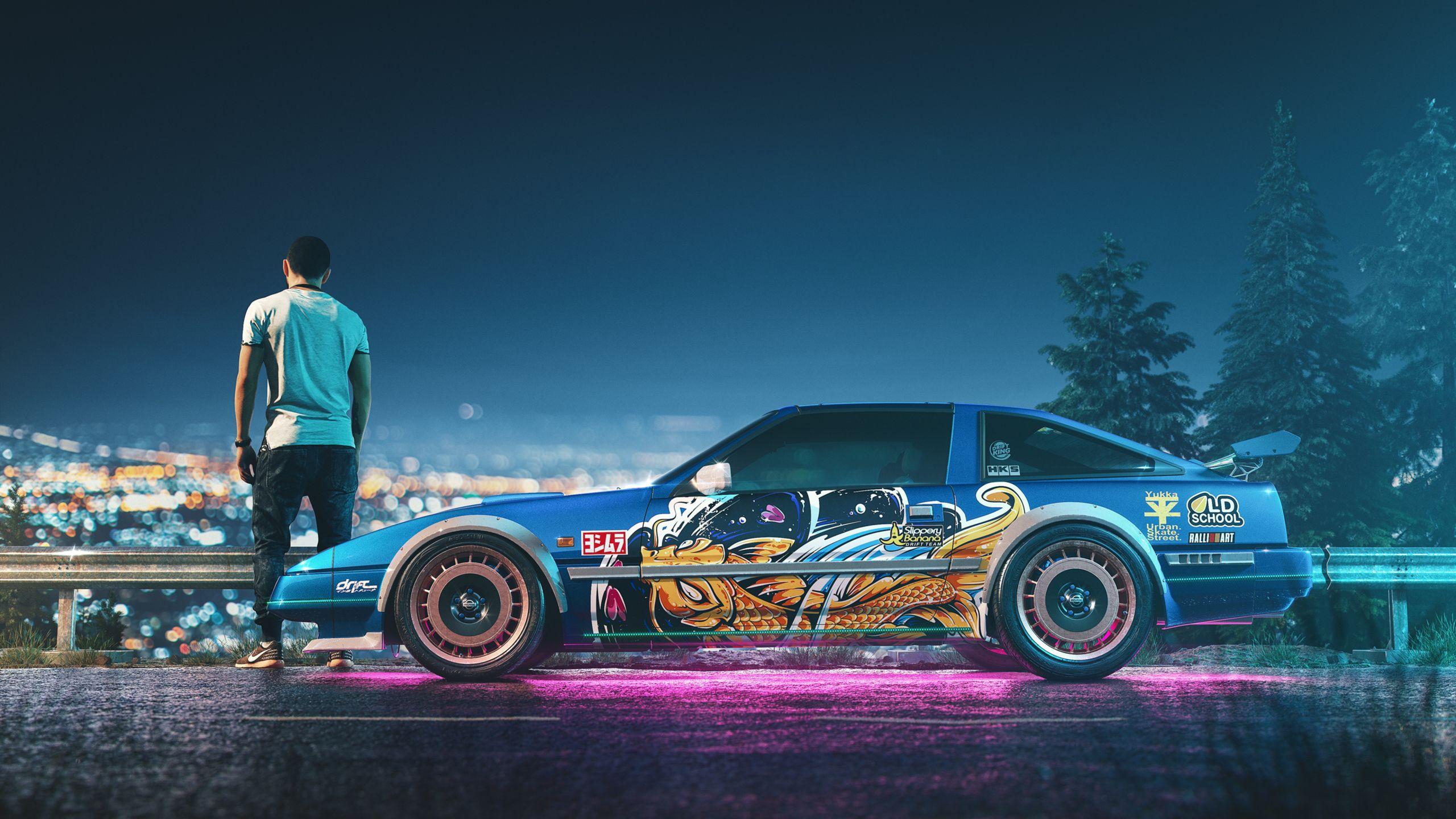 2560x1440 Blue Customized Car Alongside With Man 1440P Resolution HD 4k Wallpaper, Image, Background, Photo and Picture
