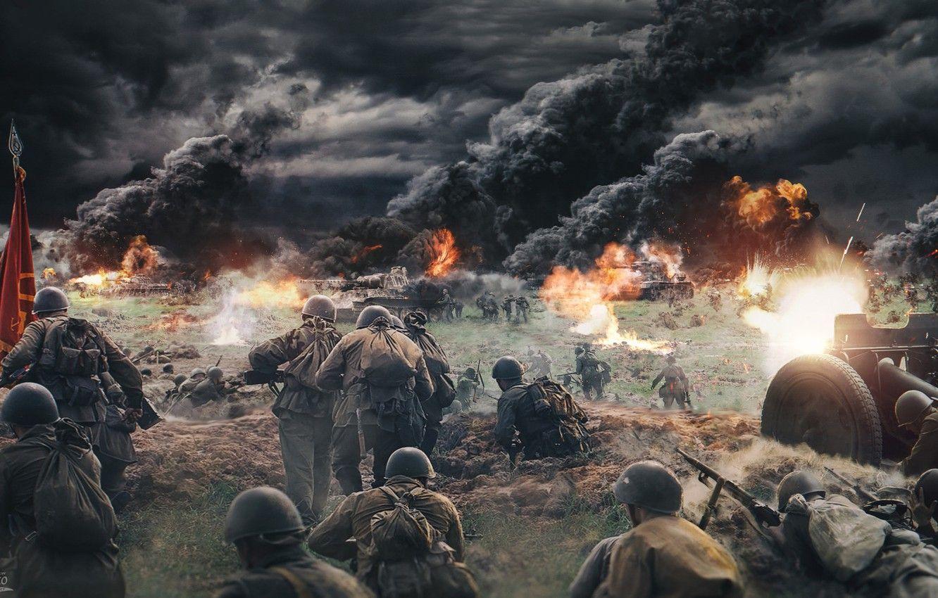 1332x850 Wallpaper Smoke, Fire, War, People, Machine gun, Soldiers, Shooting, USSR, Gun, WWII, Tanks, The Germans, Attack, The Second World War, Offensive, The great Patriotic war image for desktop, section оружие