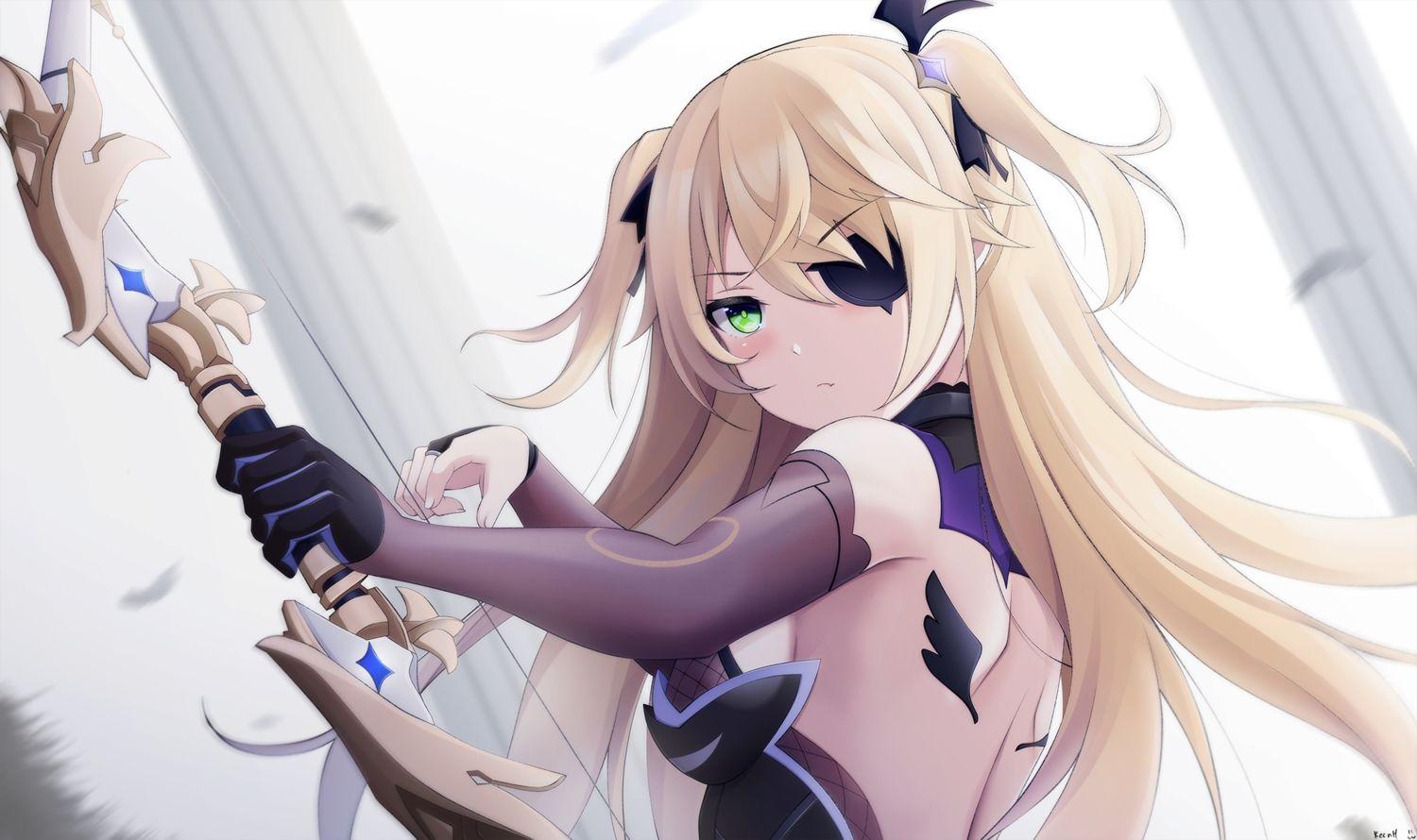 1500x890 blonde hair blush bow (weapon) close elbow gloves eyepatch fang fischl (genshin impact) genshin impact gloves green eyes keenh long hair signed twintails weapon. konachan.com.com Anime Wallpaper