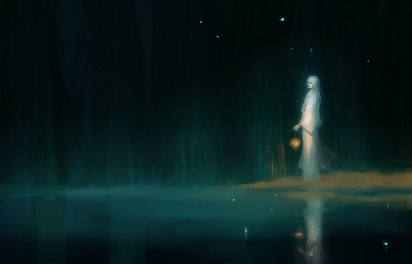 1440x922 Lake anime fantasy girl white kimono dark forest wallpaper