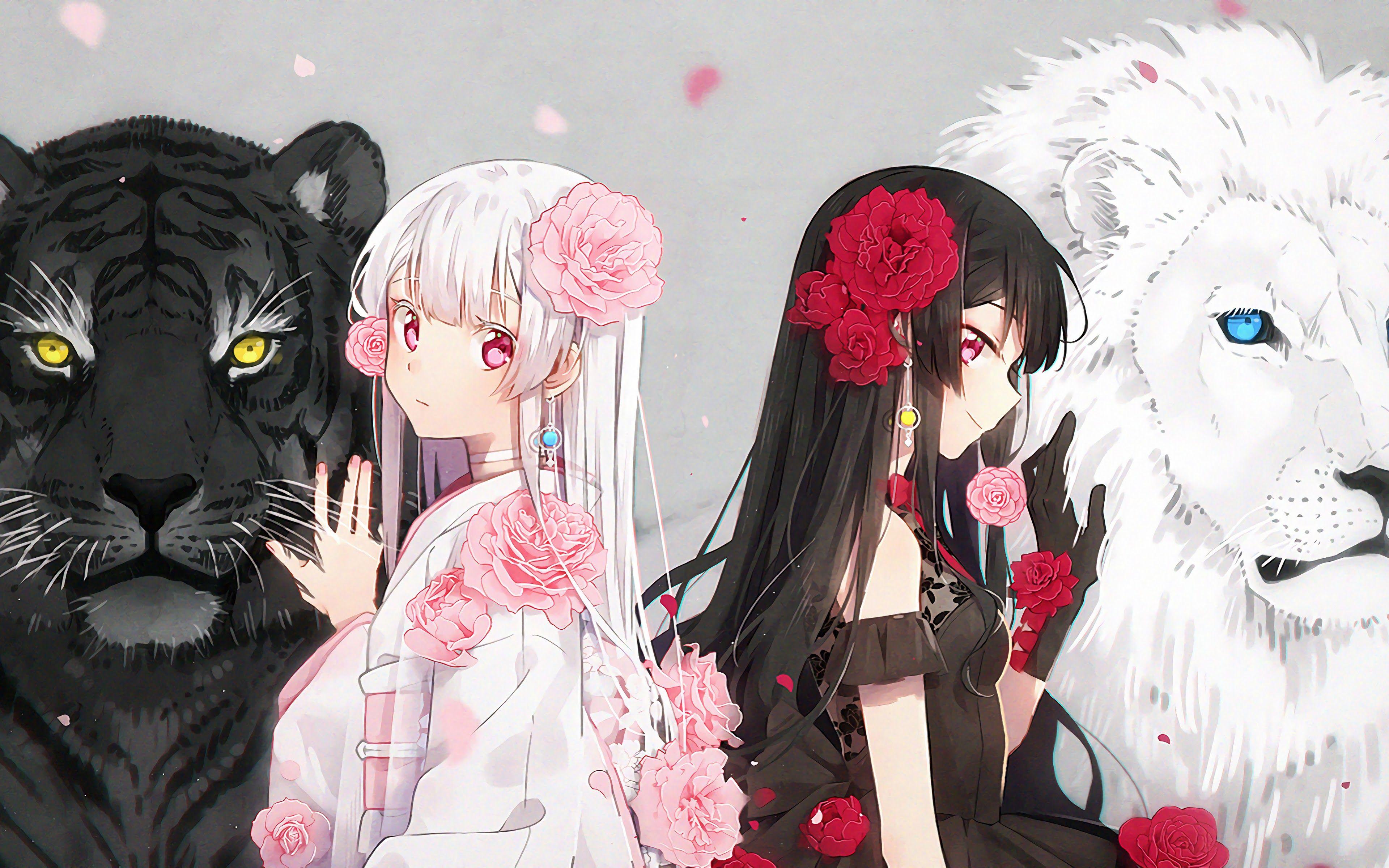 3840x2400 Anime Girls Tiger Wolf Animals 4K Wallpaper