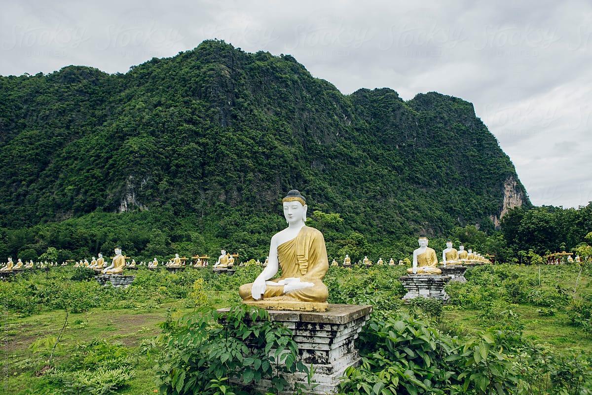 1200x800 Buddhas statues in Lumbini garden of Myanmar (Burma) by Blue Collectors, Buddhism