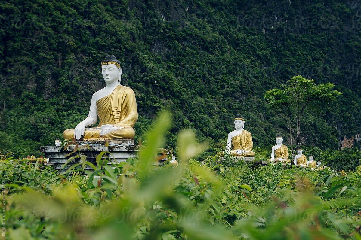 1200x799 Buddhas statues in Lumbini garden of Myanmar (Burma) by Blue Collectors, Buddhism