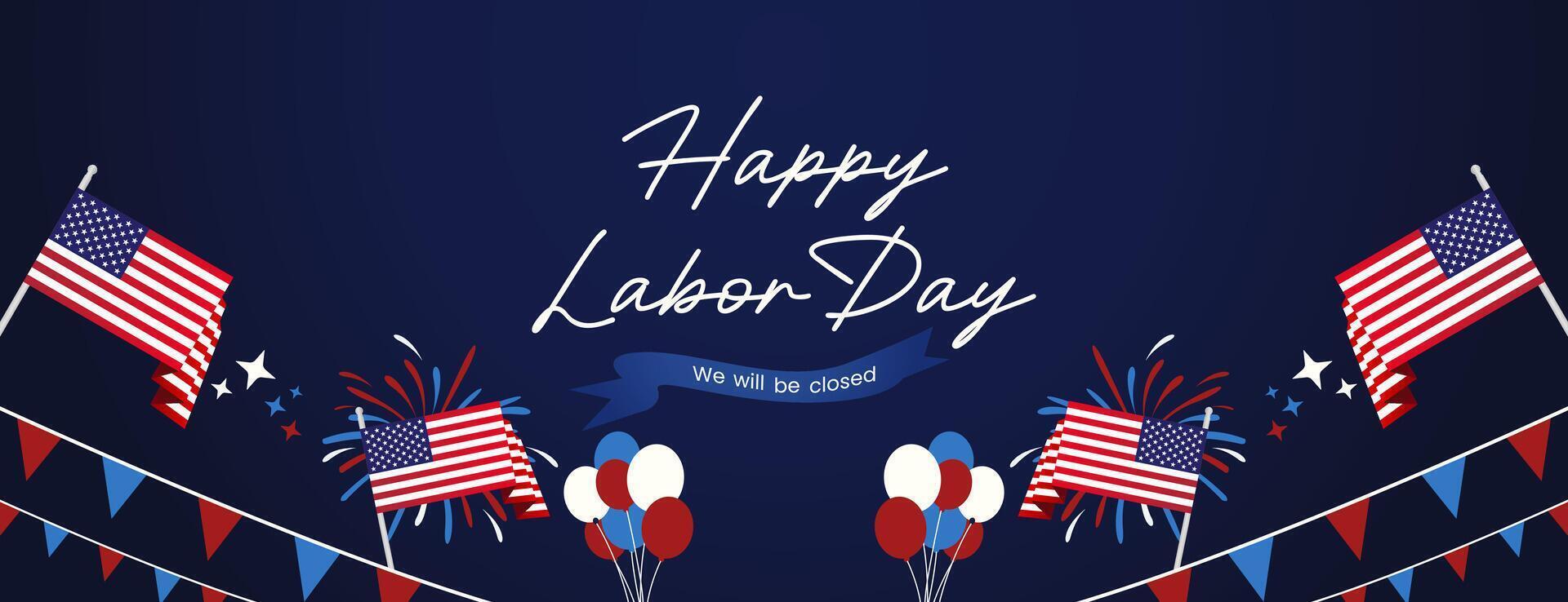 1920x738 Happy Labor Day. Festive patriotic design announces business will be closed on Labor Day. Featuring attractive fireworks, balloons and American flag. Greeting banner for Labor Day in blue background 55618520 Vector Art