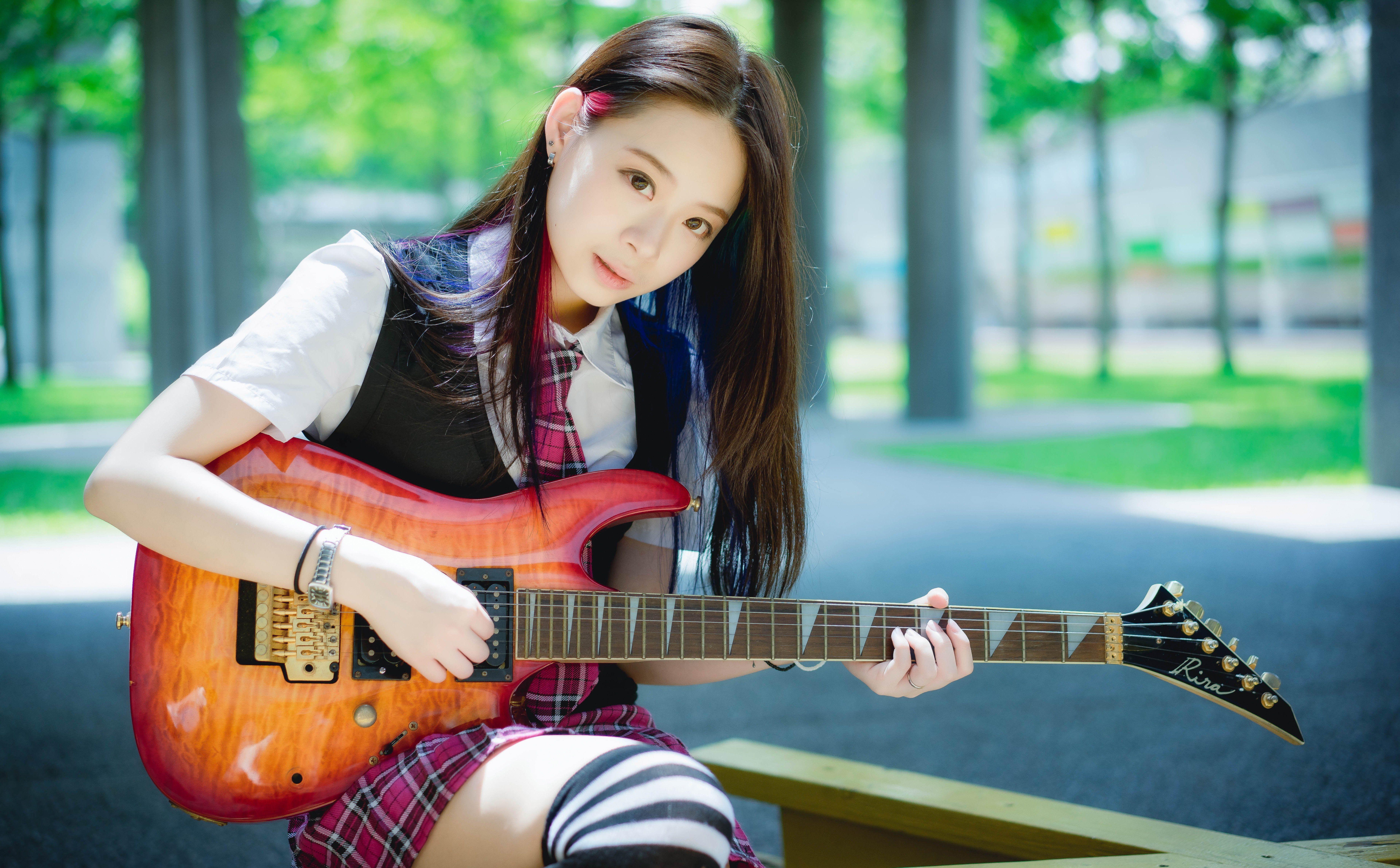 7359x4564 Oriental asian girl girls woman women model female guitar wallpaperx4564