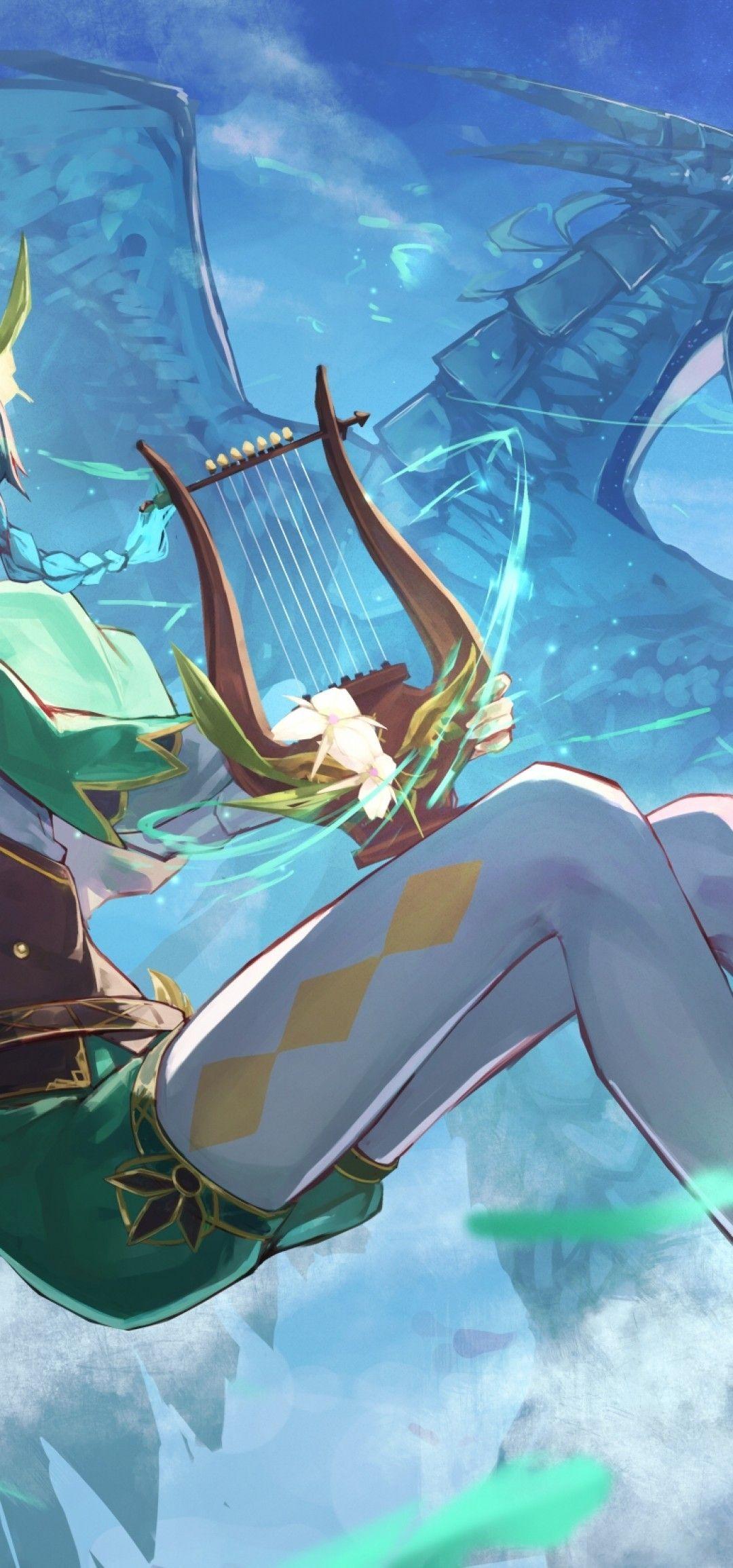 1080x2310 Download 1080x2310 Venti, Genshin Impact, Anime Games, Character, Bard, Instrument, Cape, Dragon Wallpaper for Honor View 20