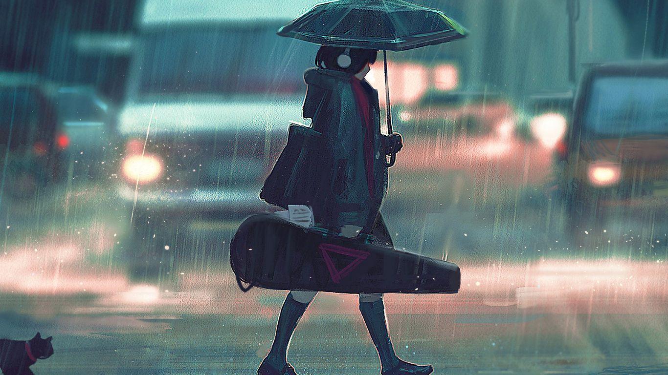 1366x768 Anime Girl With Guitar Passing Street 1366x768 Resolution HD 4k Wallpaper, Image, Background, Photo and Picture