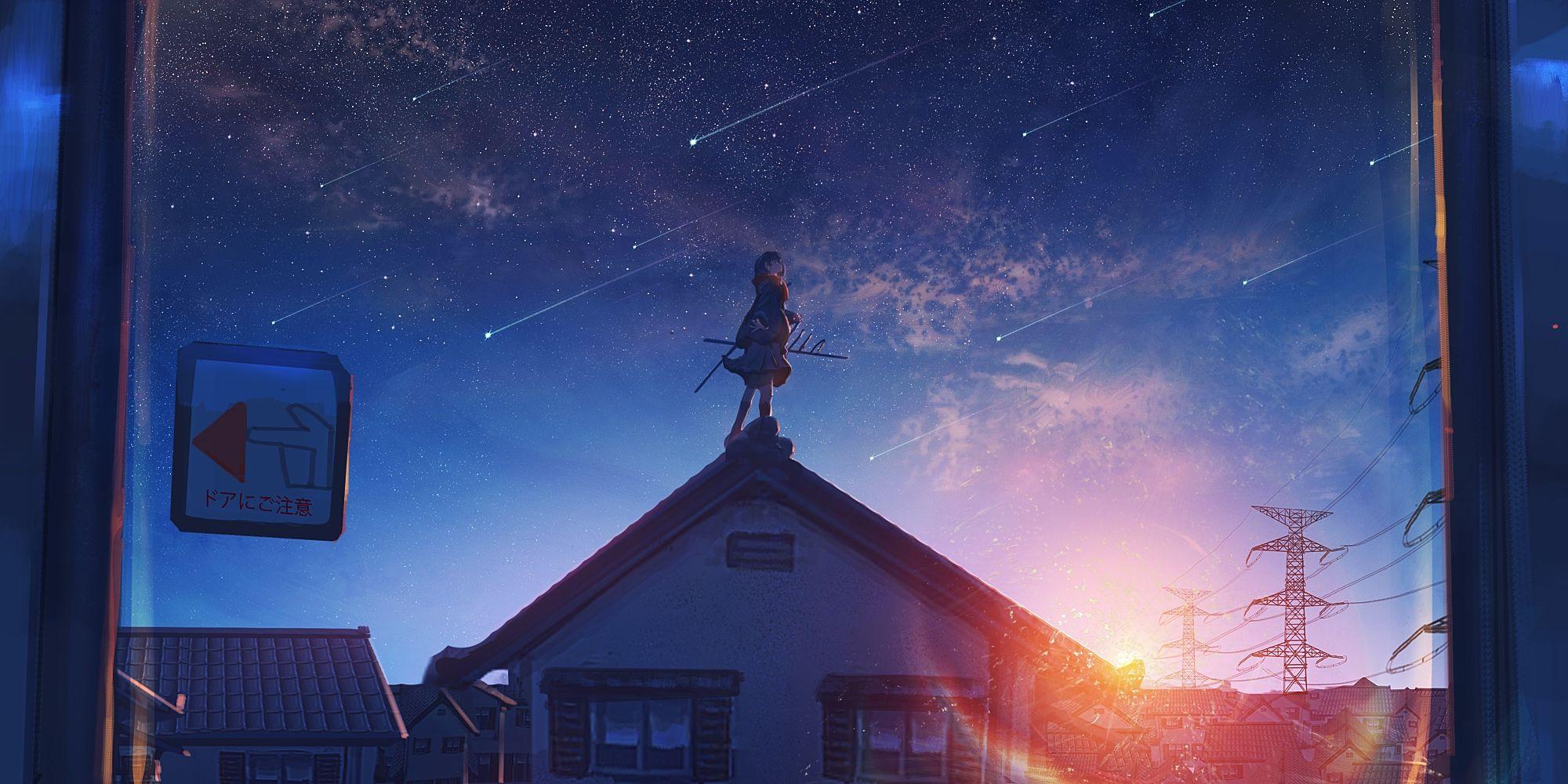 2000x1000 Download 2000x1000 Anime Girl, Sunset, Stars, House, Sky, Scarf Wallpaper