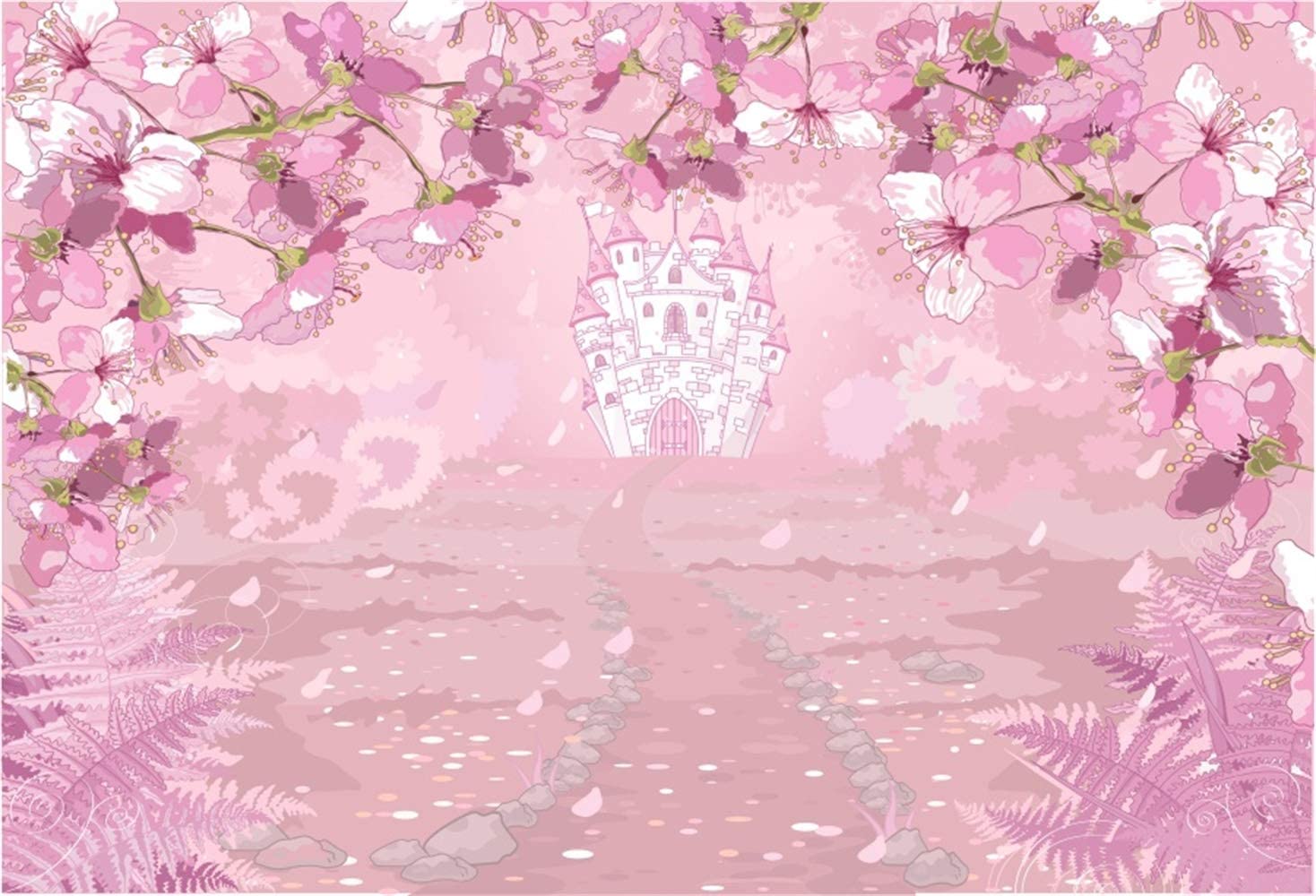 1468x1000 Amazon.com : Laeacco Cartoon Pink Princess Castle Backdrop Vinyl 10x7ft Pink Flowers Winding Road Flying Petals Background Dreamland Fairytale Story Scenic Baby Girl Birthday Party Banner Girls' Room Wallpaper : Camera