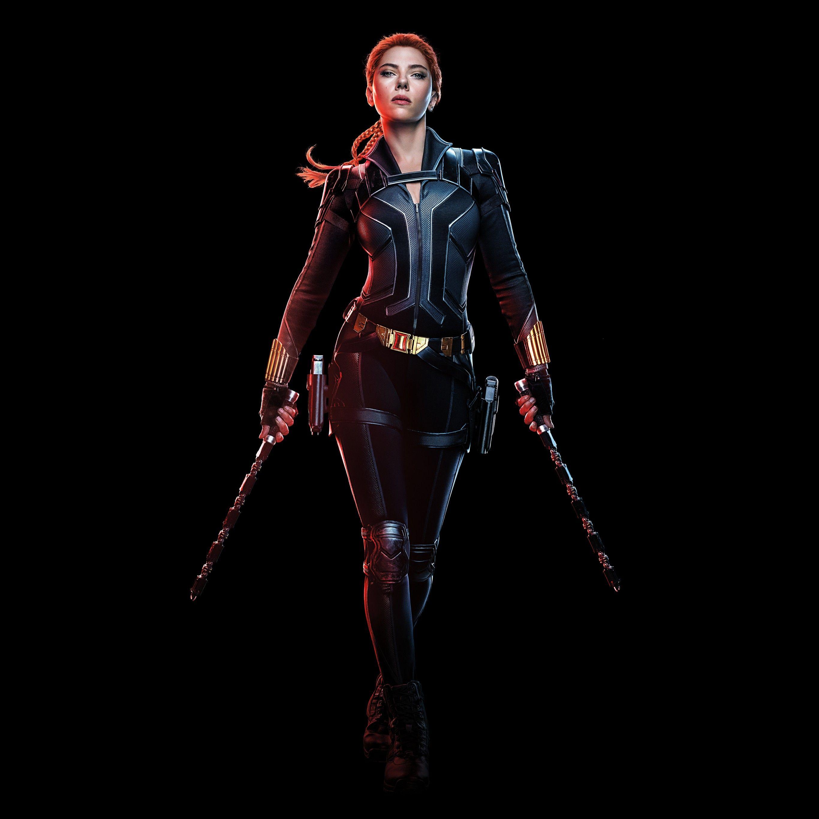 2732x2732 Black Widow Wallpaper 4K, Scarlett Johansson, Black Background, Black Dark