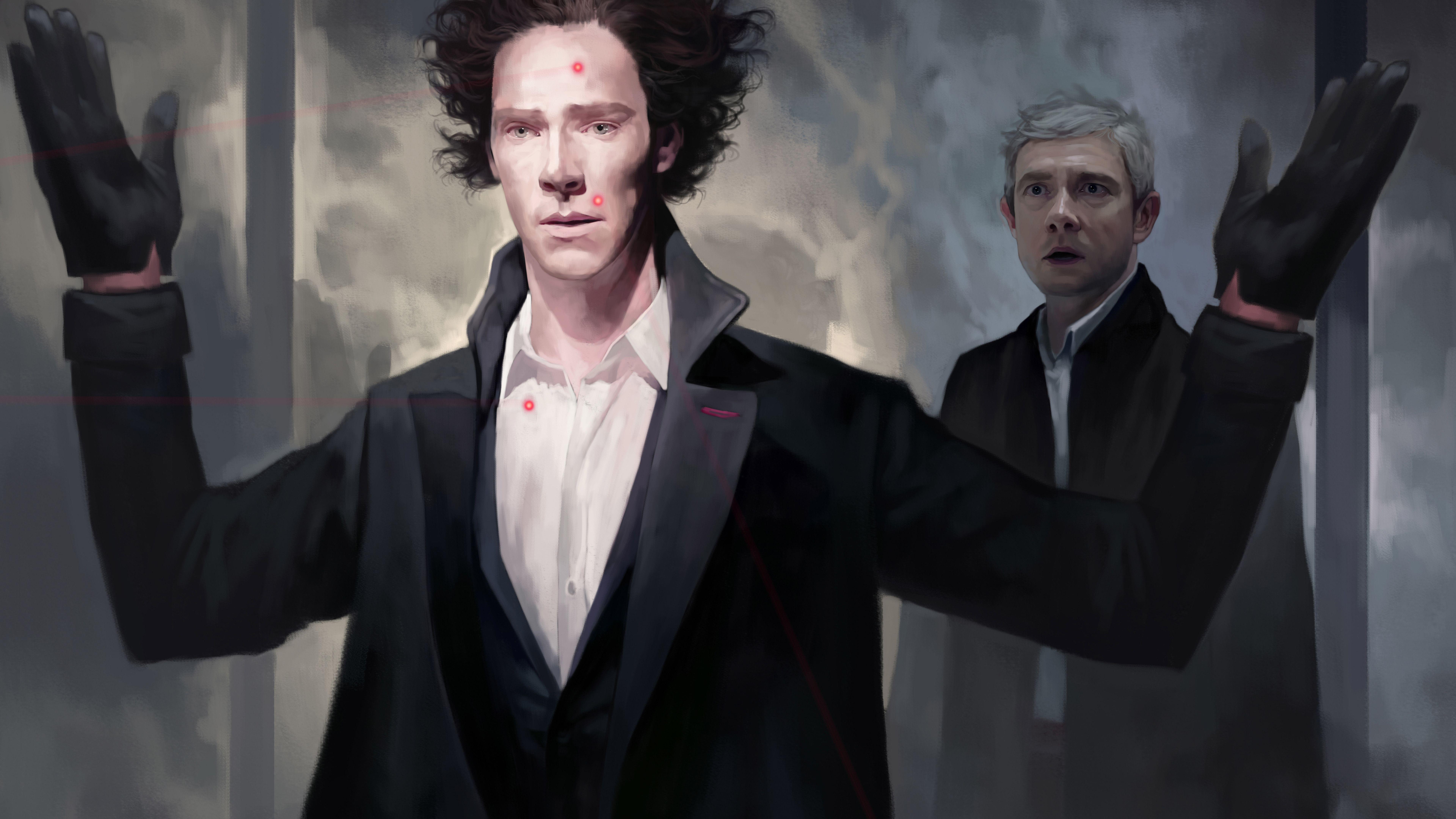 7680x4320 Benedict Cumberbatch And Martin Freeman Sherlock Artwork 8k HD 4k Wallpaper, Image, Background, Photo and Picture
