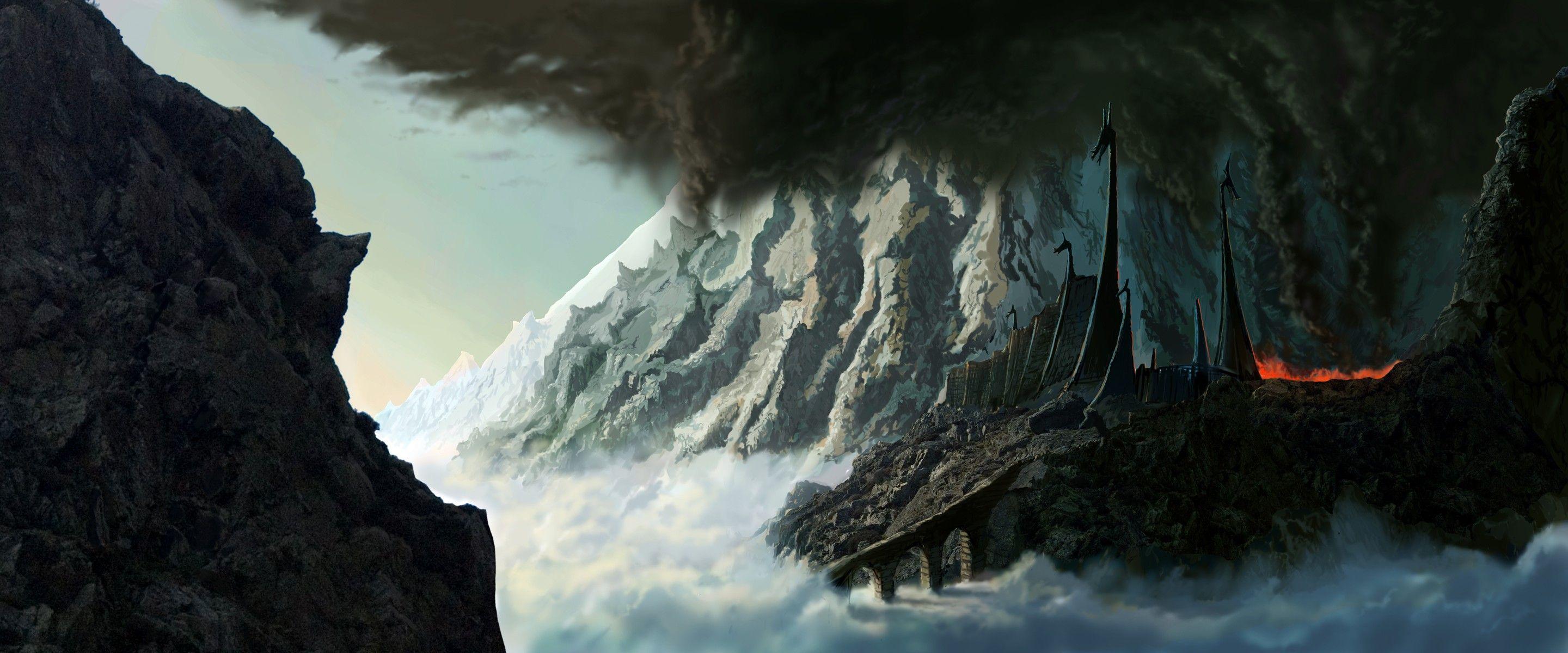 2880x1200 Mountains fortress fantasy art Silmarillion JRR Tolkien wallpaperx1200