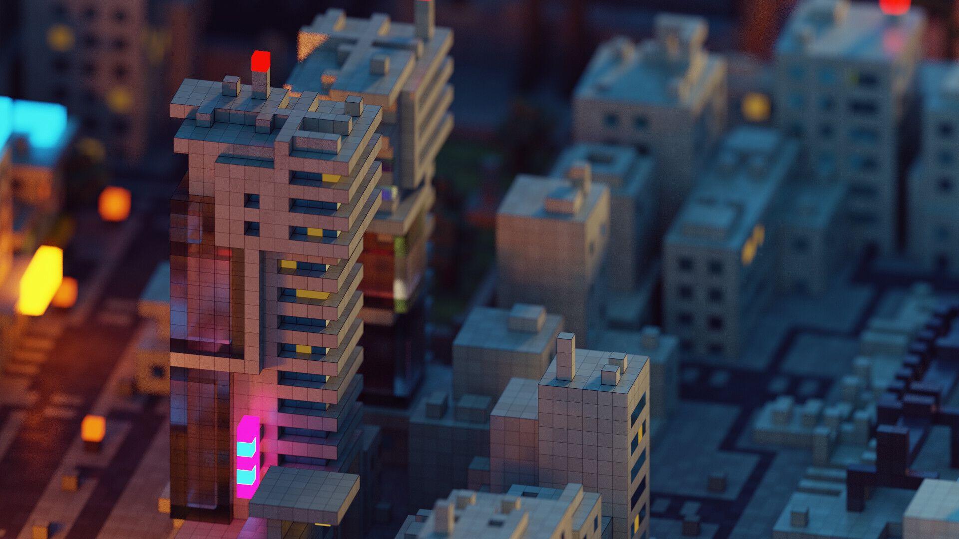 1920x1080 Voxels Urban Neon Vaporwave Tilt Shift Blade Runner 3D Wallpaper:1920x1080