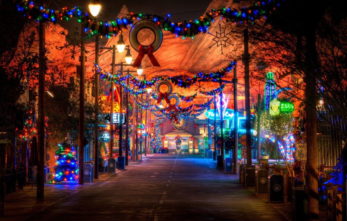 1332x850 Wallpaper road, night, Christmas, CA, Park, USA, USA, Disneyland, garland, Park, Disneyland image for desktop, section город