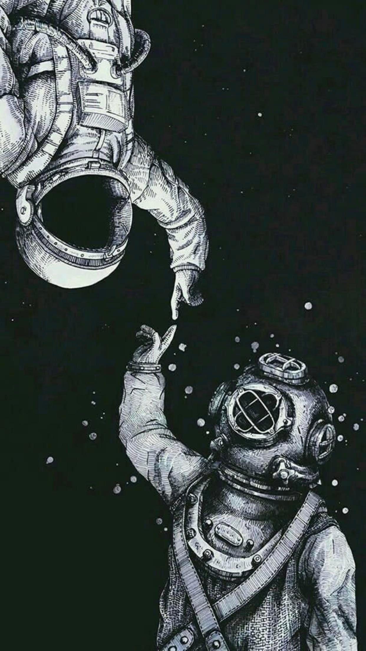 1242x2208 Astronaut meet Deep Sea Diver. Astronaut wallpaper, Astronaut drawing, Nasa wallpaper