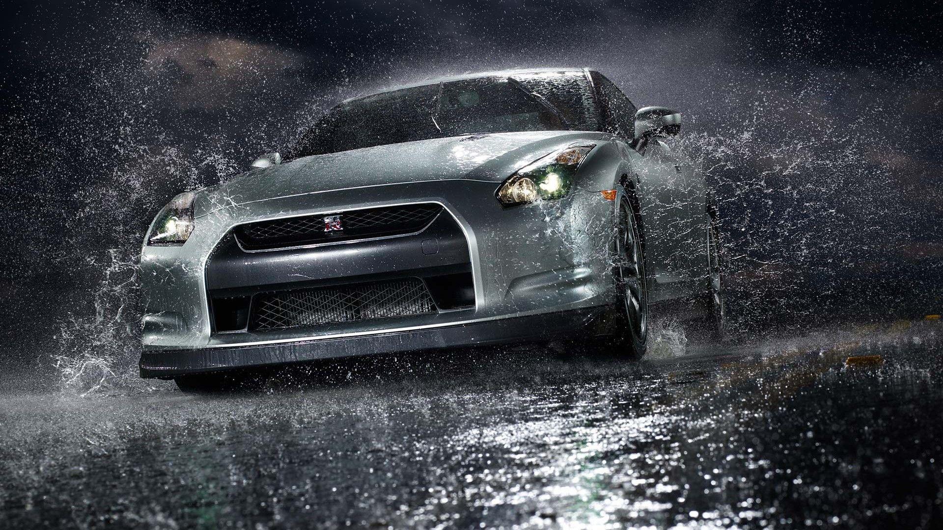 1920x1080 Rain, Cars, Nissan GT R R Silver Wallpaper