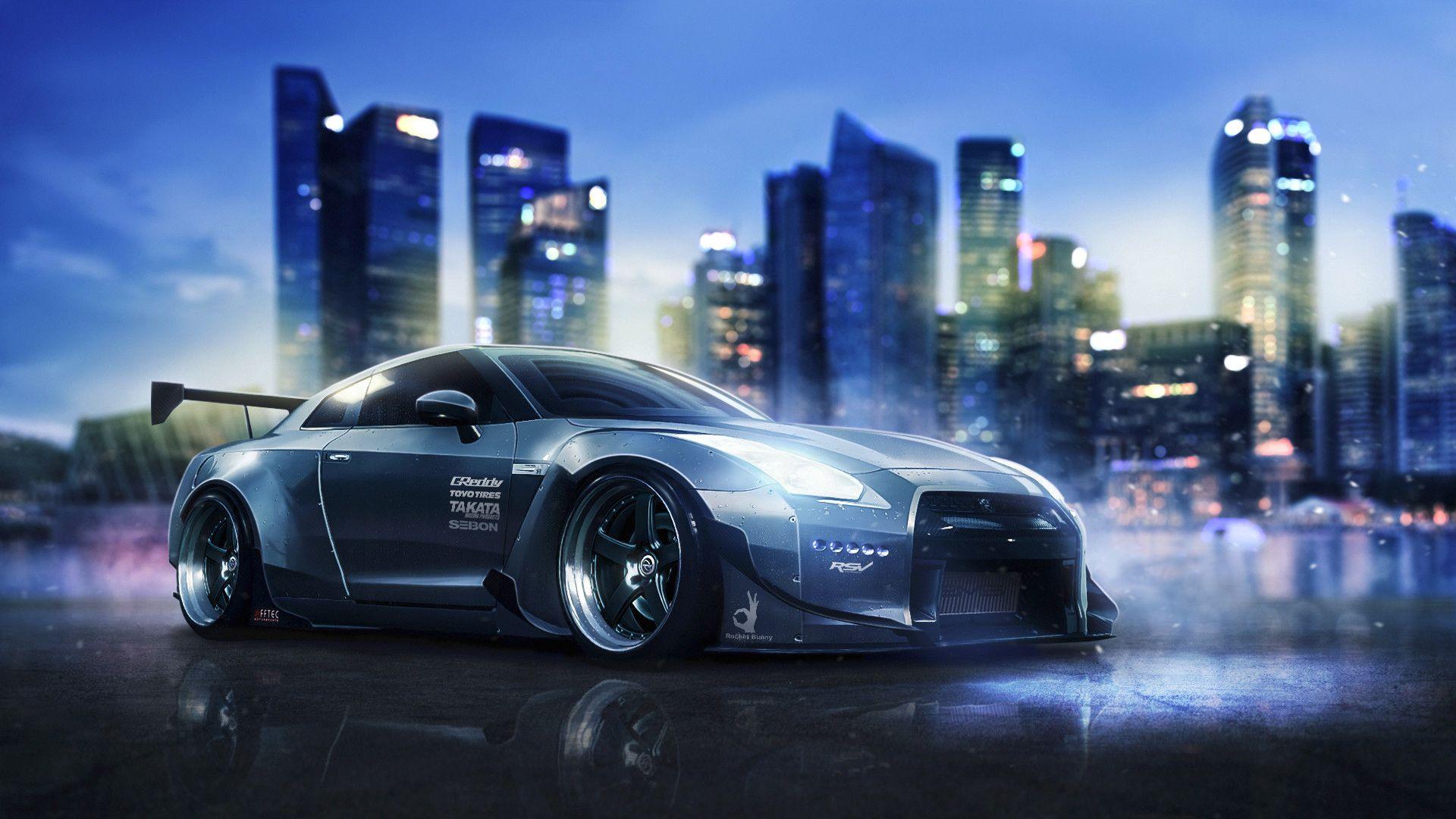 1920x1080 Nissan GT R Nissan Car Vehicle Silver Car Artistic City Night Supercar Sport Car Wallpaper:1920x1080