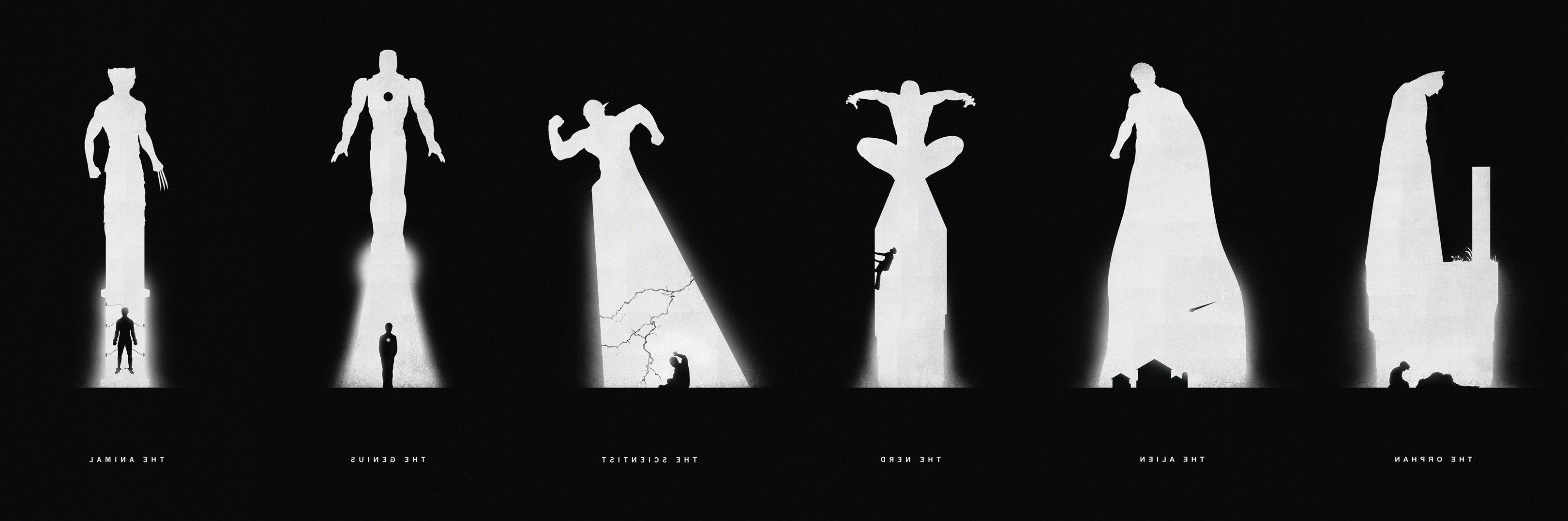 3240x1078 monochrome, Black, Dark, Silhouette, Marvel Comics, DC Comics