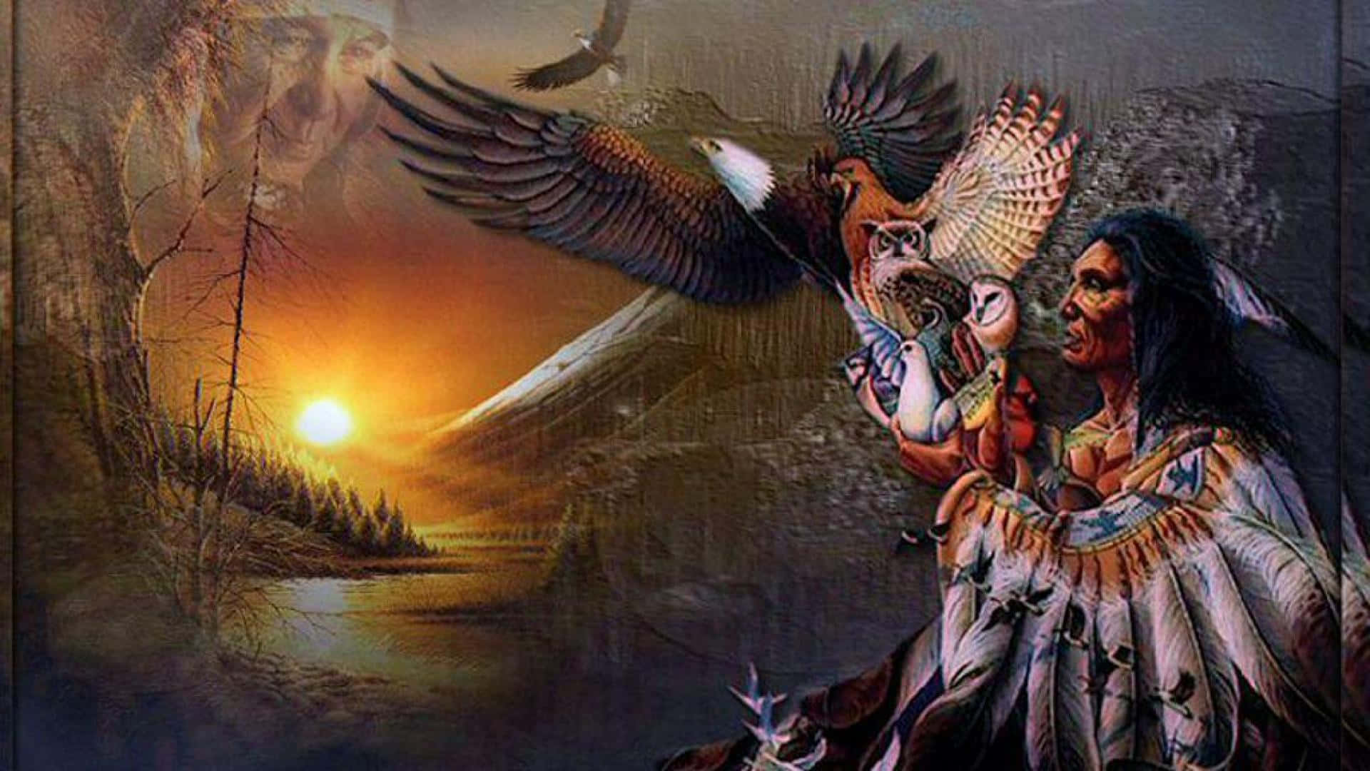 1920x1080 Download A weathered Native American Indian man stands resolute amidst a bright, sunny landscape Wallpaper