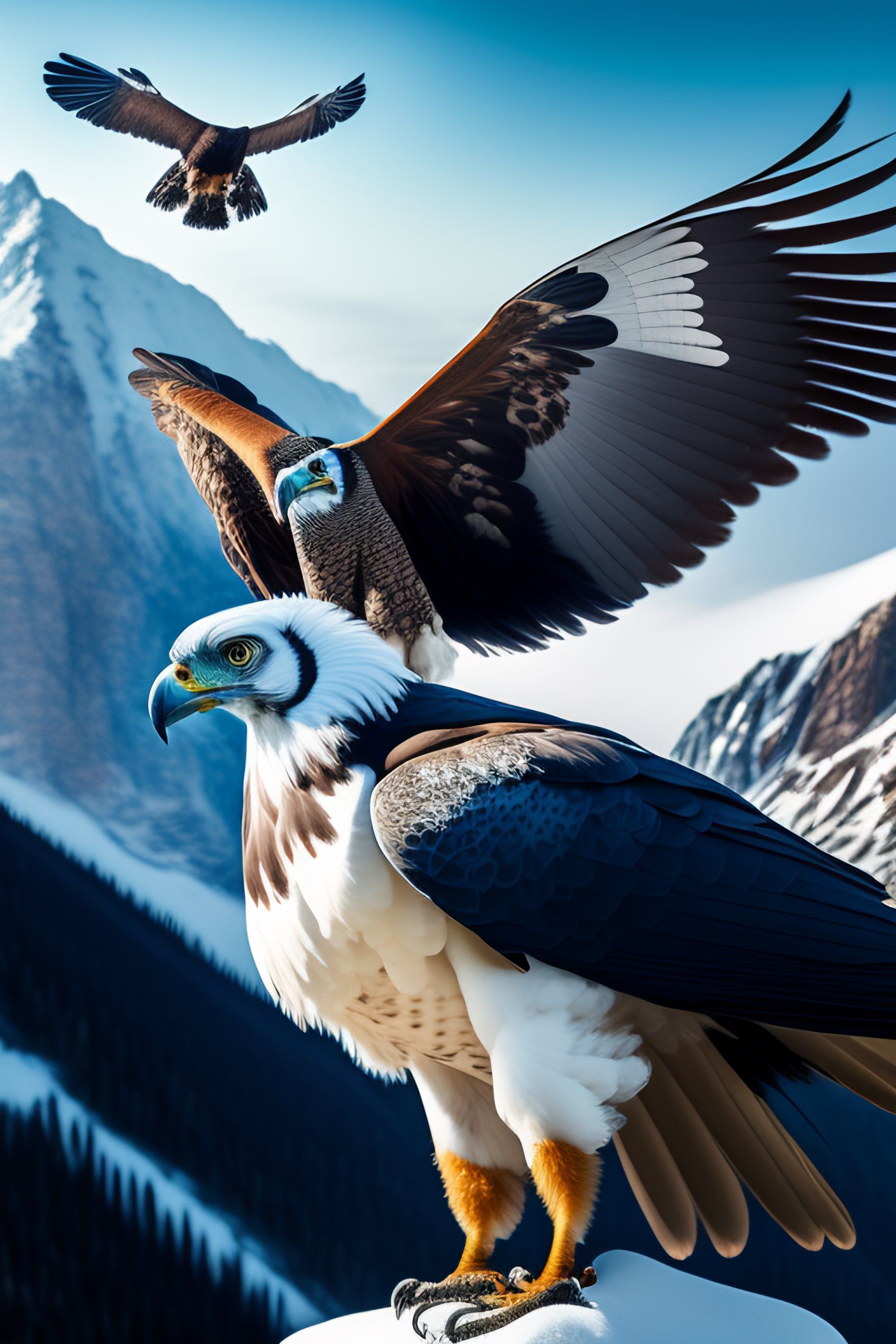 2048x3072 Lexica intricately detailed flying harpy eagle and Alaskan Indian in the mountains, bio luminescent, plasma, ice, water, wind, creature