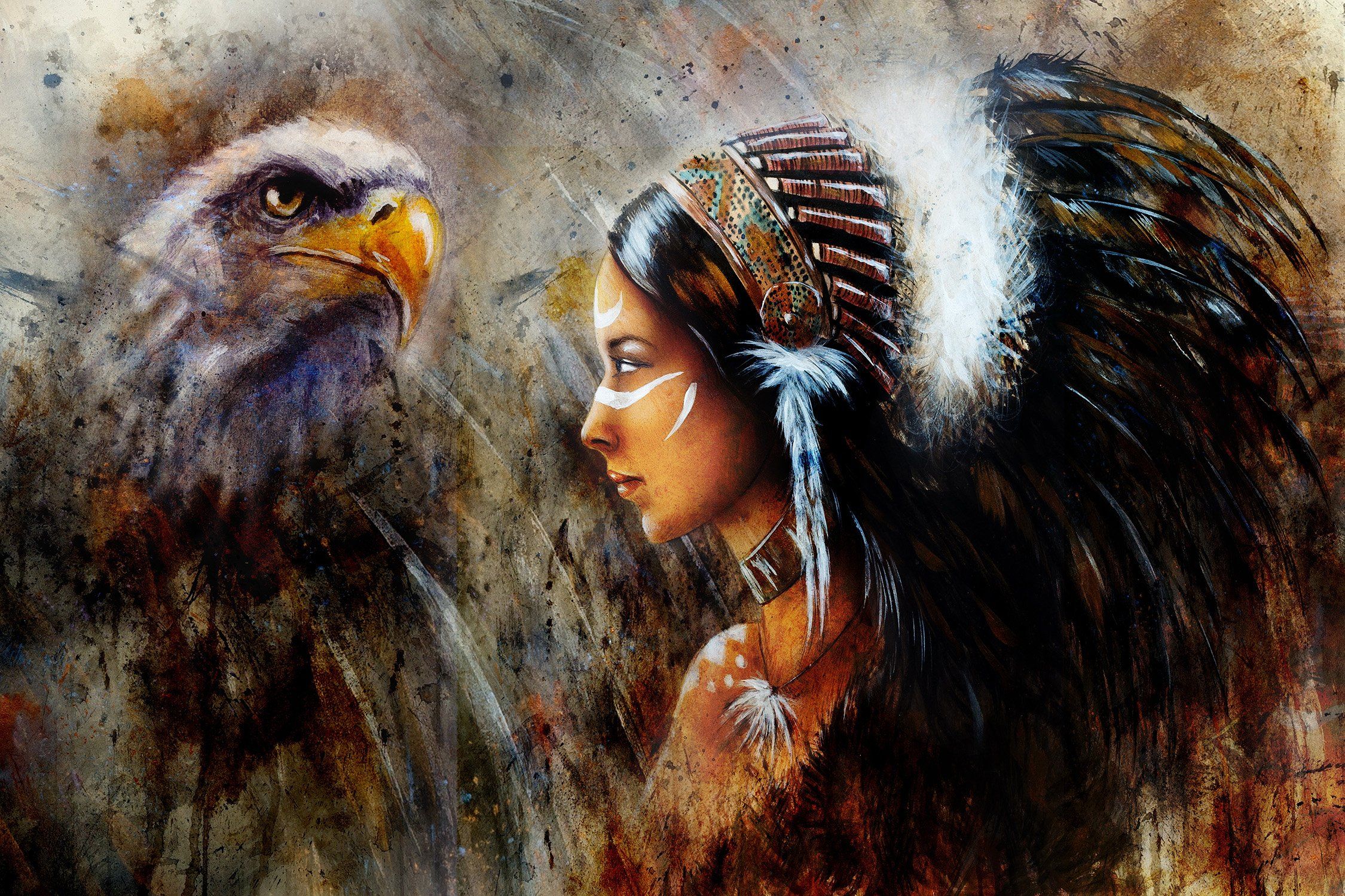 2250x1500 Wall Print Poster Beautiful Mystic Painting Young Indian Woman Eagle Feather Headdress Profile Portrait Abstract Background Wall Art Decor Photo Wallpaper Poster Print : כלי עבודה ושיפוץ ביתי