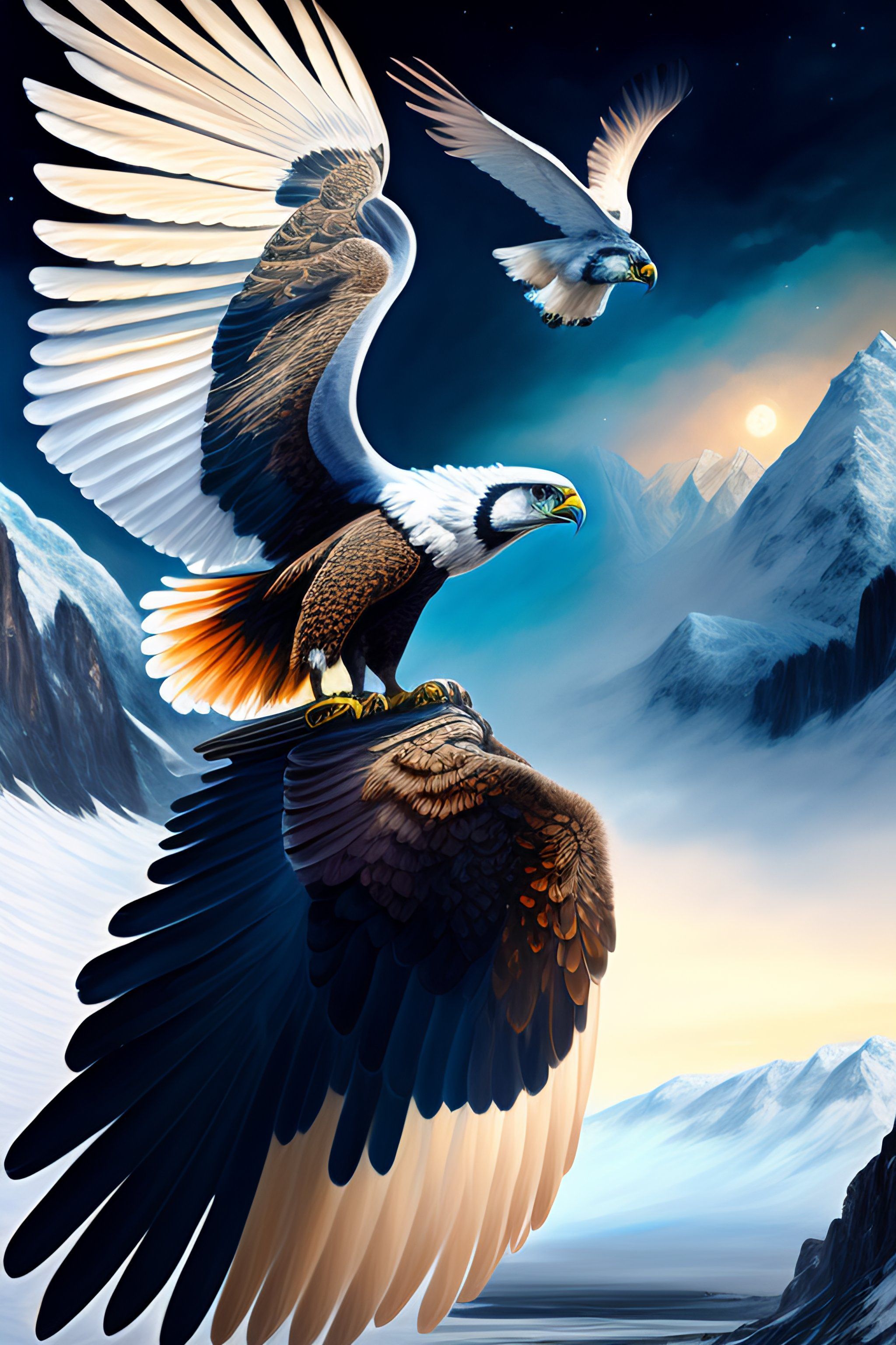 2048x3072 Lexica intricately detailed flying harpy eagle and Alaskan Indian, giant mountains, bio luminescent, plasma, ice, water, wind, creature