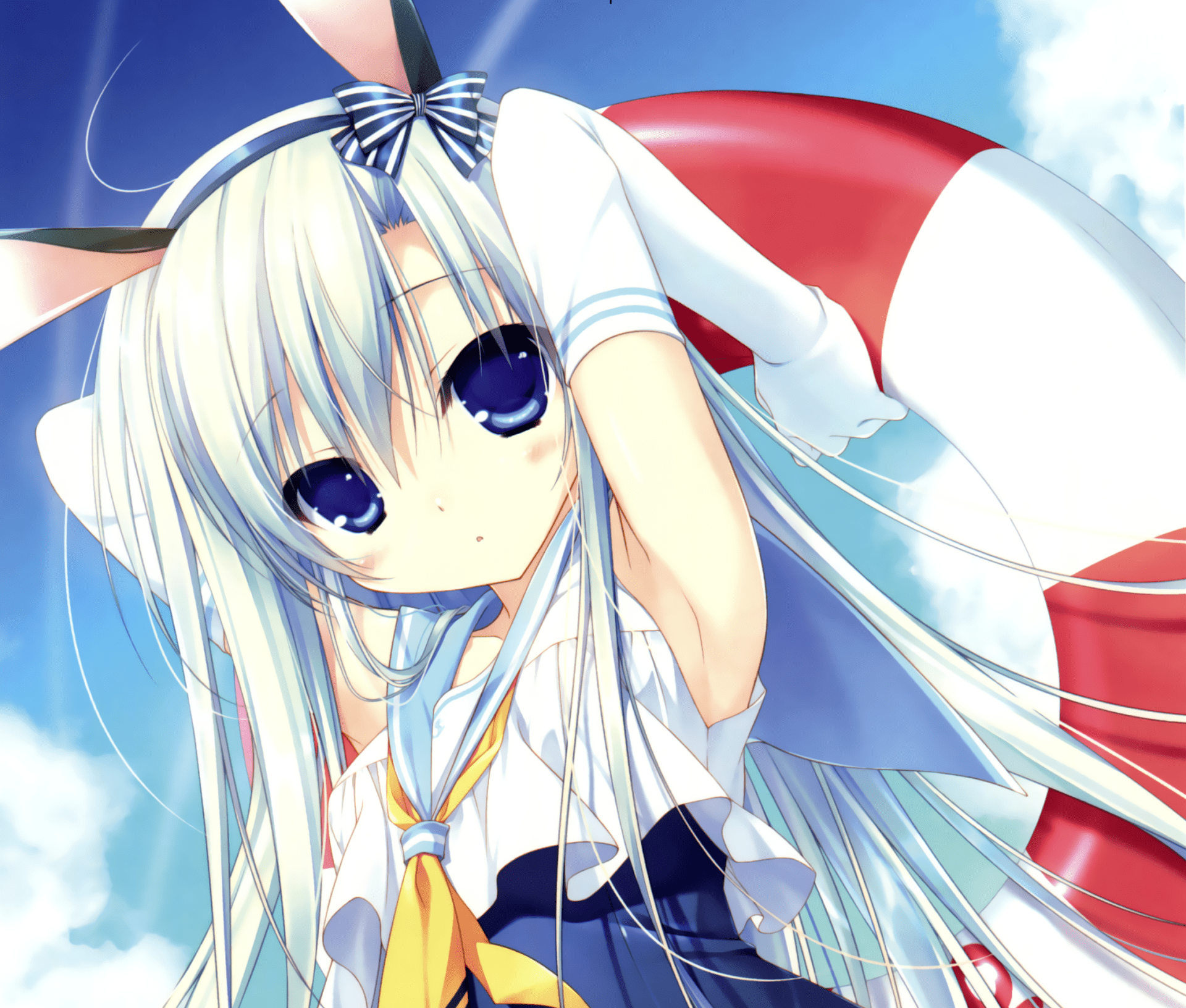 1920x1632 Download Blue Hair Blue Eyes Blush Long Hair Glove Buoy Swimsuit Bunny Ears Anime Original HD Wallpaper